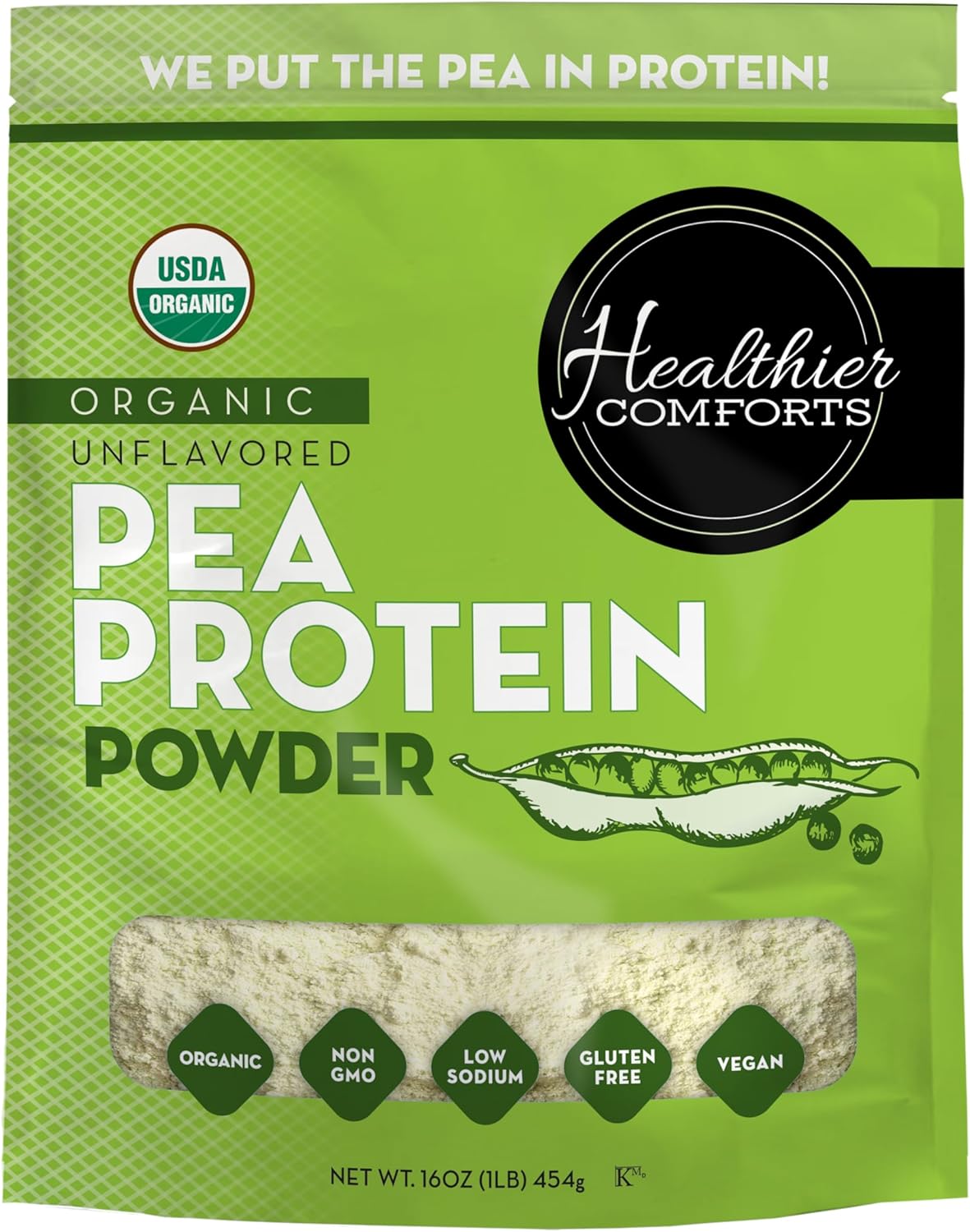 Healthier Comforts Organic Unflavored Pea Protein Powder - Low Sodium (1 lb.) | USA Grown and Processed | 100% Plant Based Protein | Kosher, Gluten Free, Non-GMO, Keto Friendly (16oz)