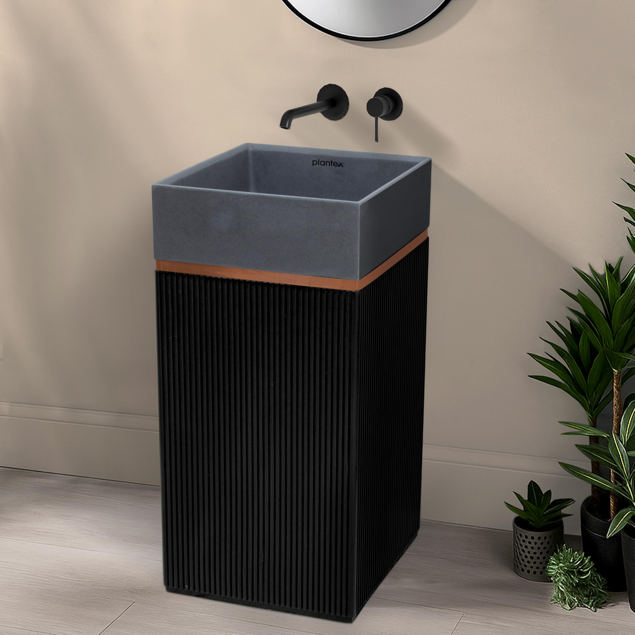 Plantex Ceramic Pedestal Basin for Bathroom/One Piece Pedestal Free Standing Square Wash Basin for living Room/Hotel (Grey & Black)