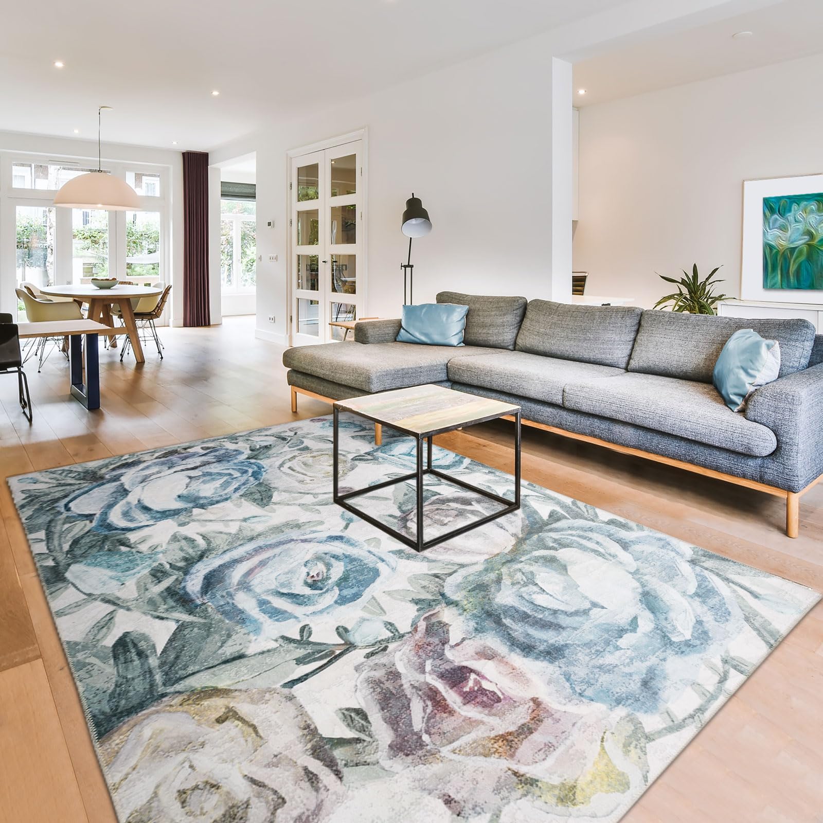 DECOMALL Jasmine Washable Area Rugs 6x9, Colorful Modern Flower Rug with Rubber Backing, Foldable Non Slip Carpet for Living Room Bedroom Dinning Room