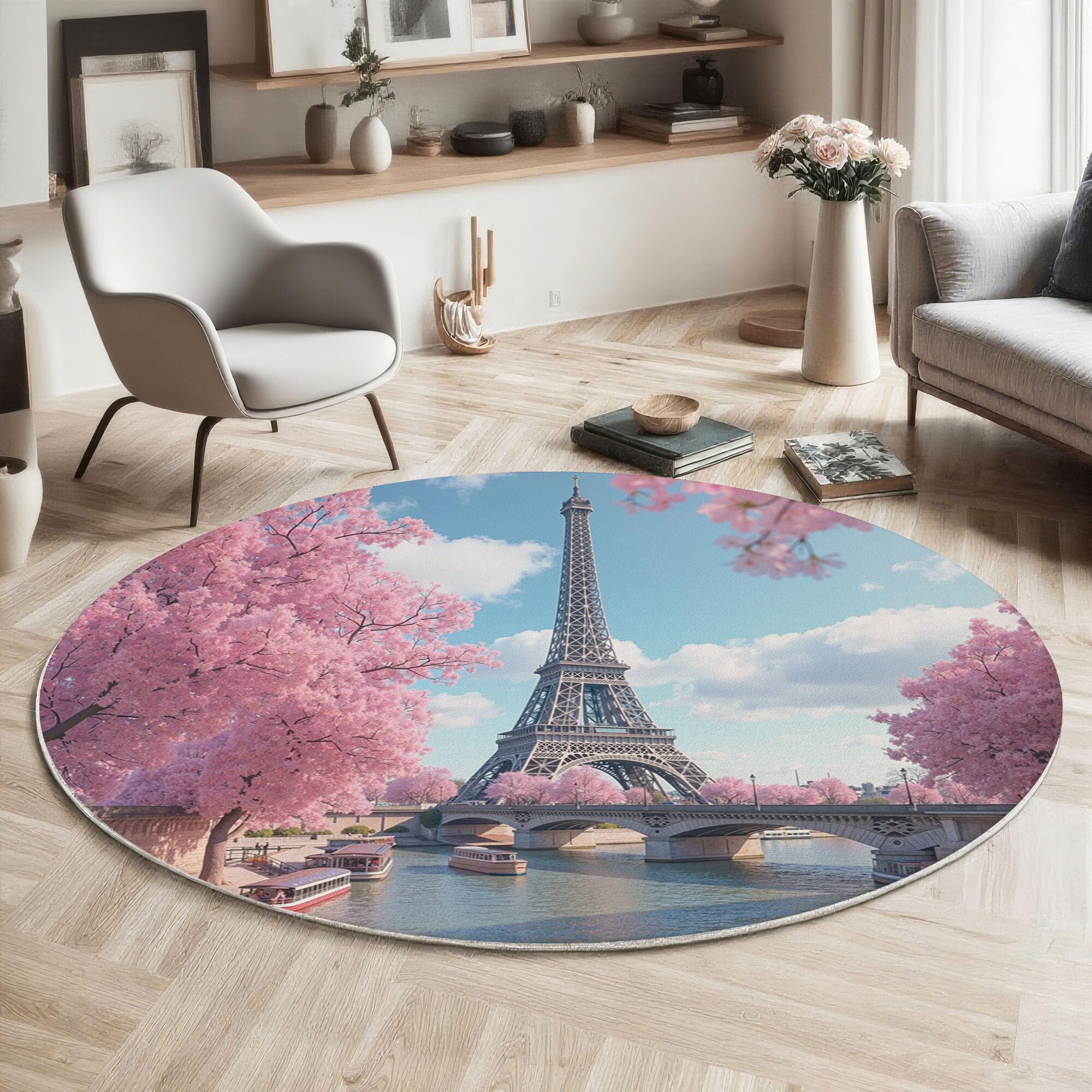 Tapis rond 120cm design réaliste Seine et cerisiers en fleurs