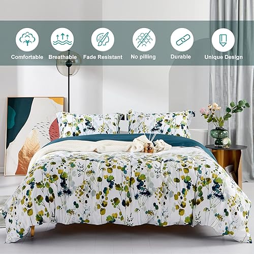 Miniatura 2 de MILDLY Juego de funda de edredón 100% algodón de fibra larga, ultra suave, estampado de hojas amarillas y verdes, juego de funda de edredón otoñal