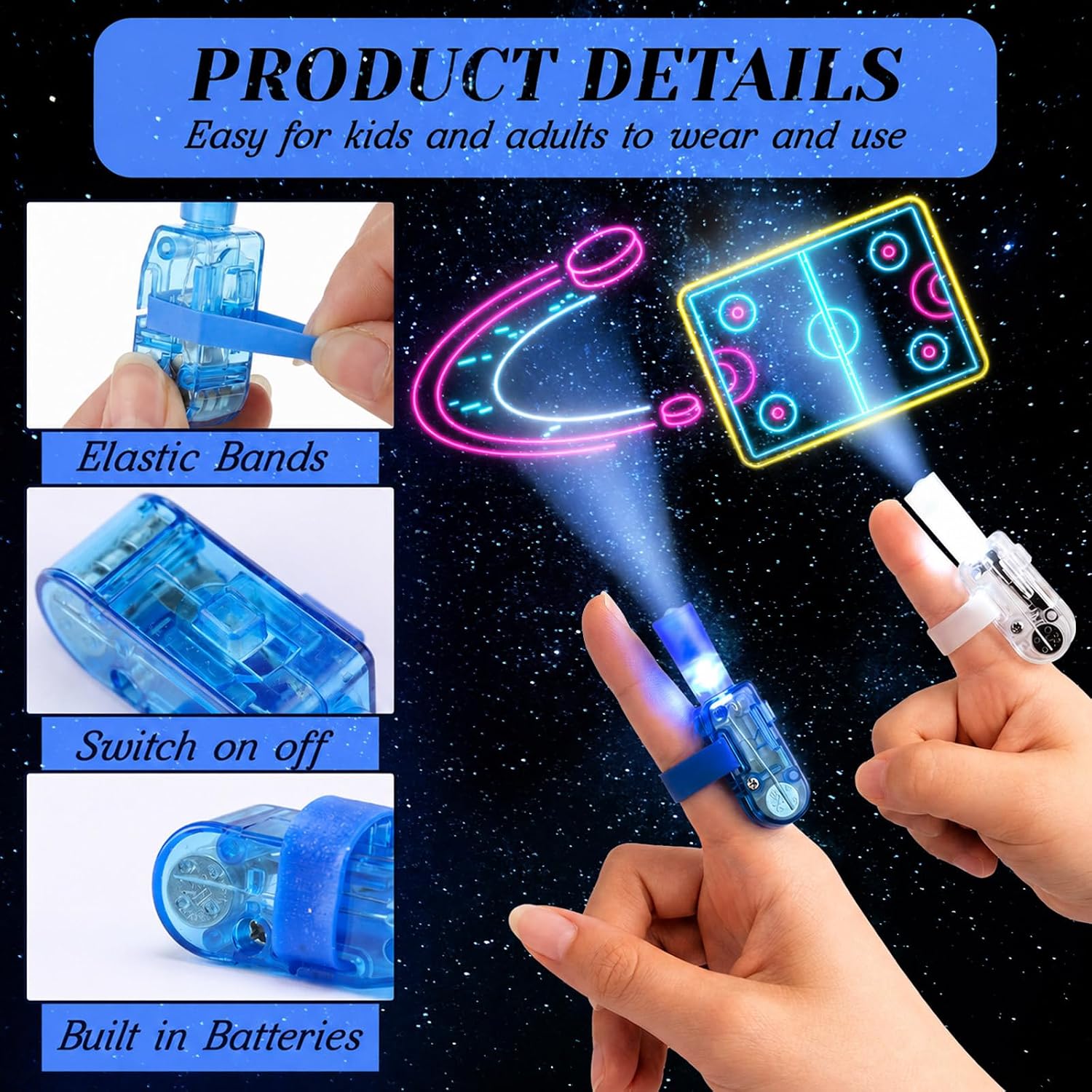 Civaner 48 Pcs Hockey Party Favors Neon LED Finger Lights, 4 Colors | Glow in The Dark Light up Finger Lights Hockey Sports Birthday Gifts for Students Stocking Stuffers and Goodie Bag 8 Pattern