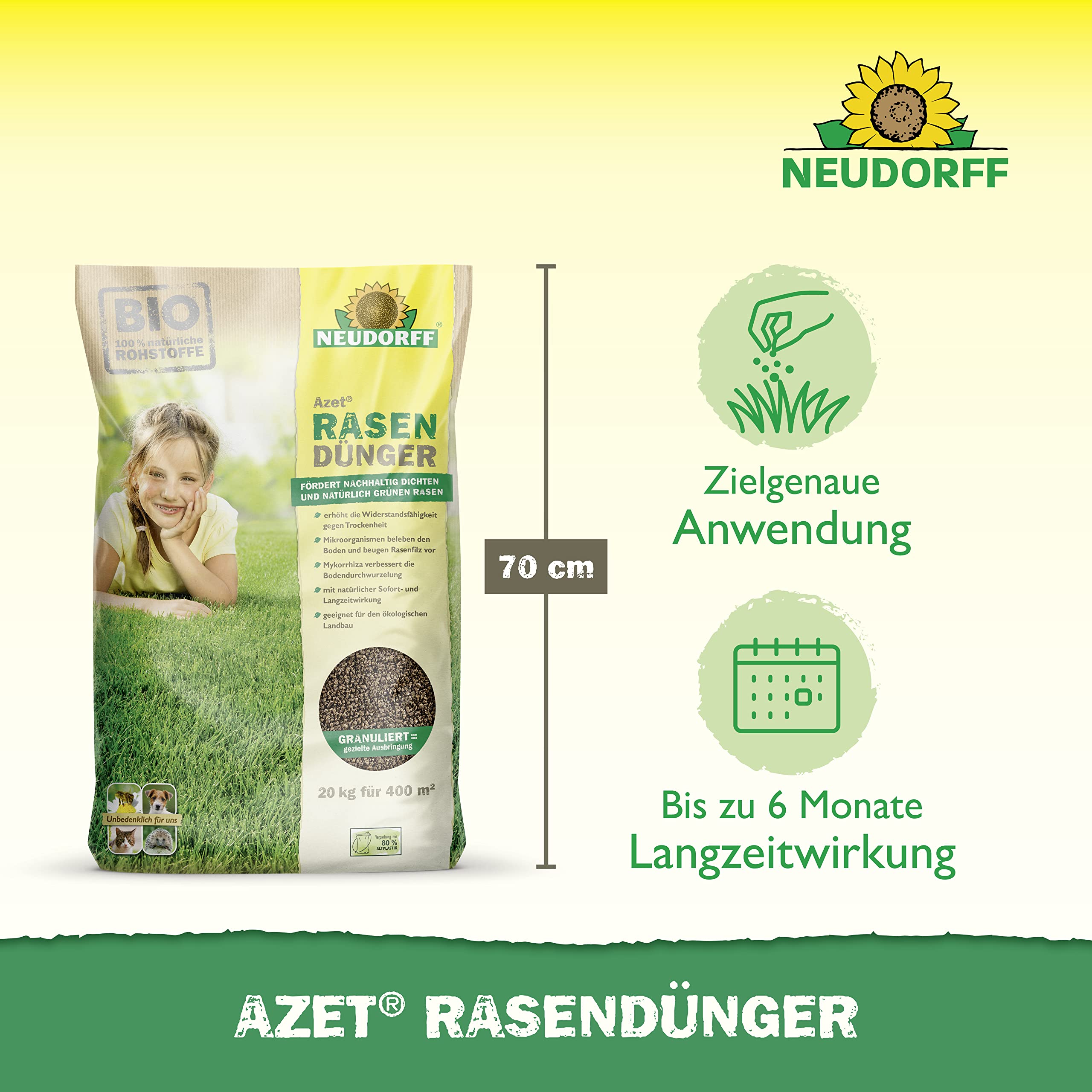 Neudorff Azet RasenDünger – Bio Rasendünger für 400 m² sorgt für eine dichte, grüne und strapazierfähige Rasenfläche mit 6 Monaten Langzeitwirkung, 20 kg