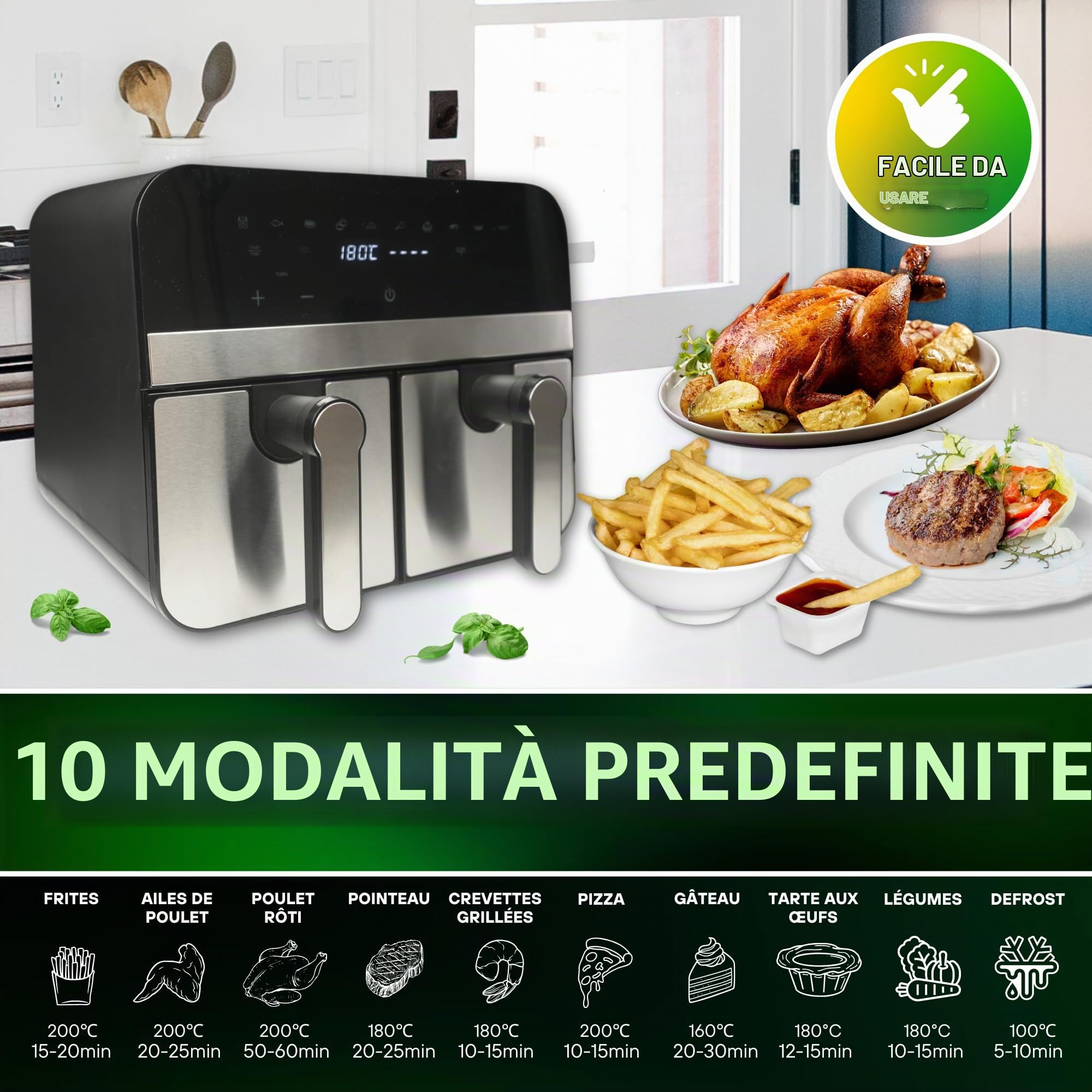 Comfy Nest, CNAFD45NS, Friggitrice ad aria calda, Friggitrice ad aria, doppio cestello digitale 2400W 9L in acciaio inox, cottura sana e veloce, ideale per i tuoi pasti in famiglia, 9L, argento