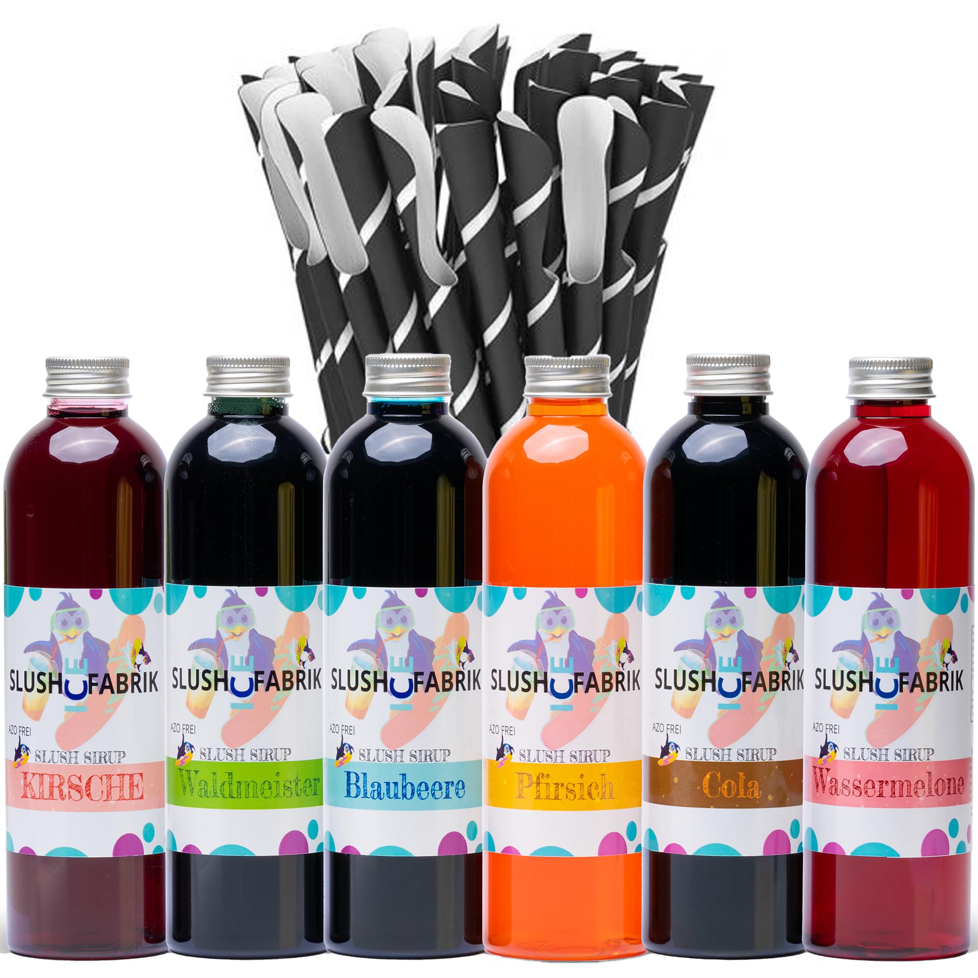 Sirup Partyset 6 x 250ml und 125 Löffelstrohhalme für Slush, Getränke Hergestellt ohne AZO und Glycerin | Slushy selber machen | Slushmaschine Aroma Konzentrat 1:5, Perfekt für Ninja Slushy Maschine