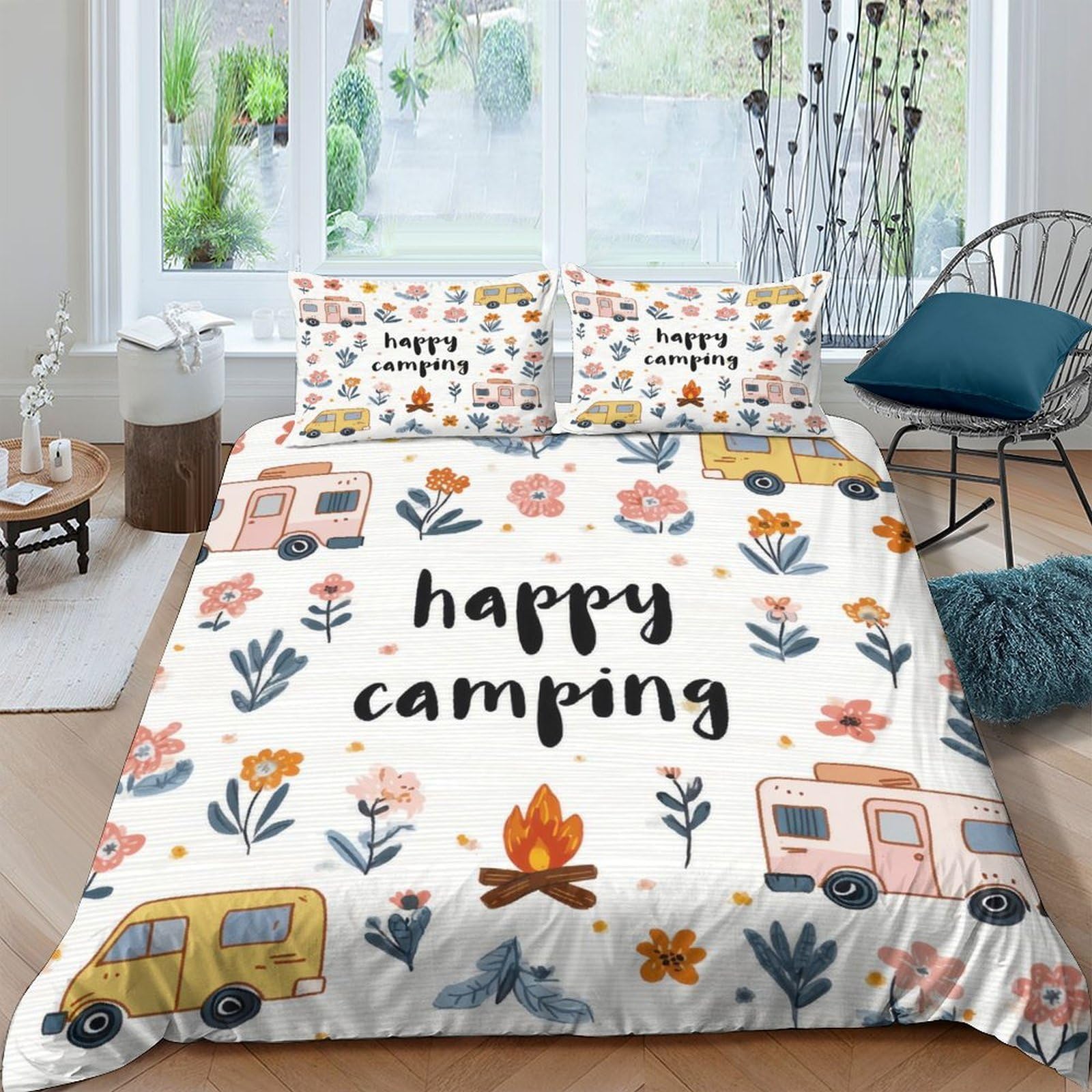 GPLZQXKJNH 3D Printed Camping Caravan Duvet Cover Microfiber Soft Breathable Happy Campfire Quilt Cover Set with 2 Pillowcases for Bedroom Decor Single（135x200cm）