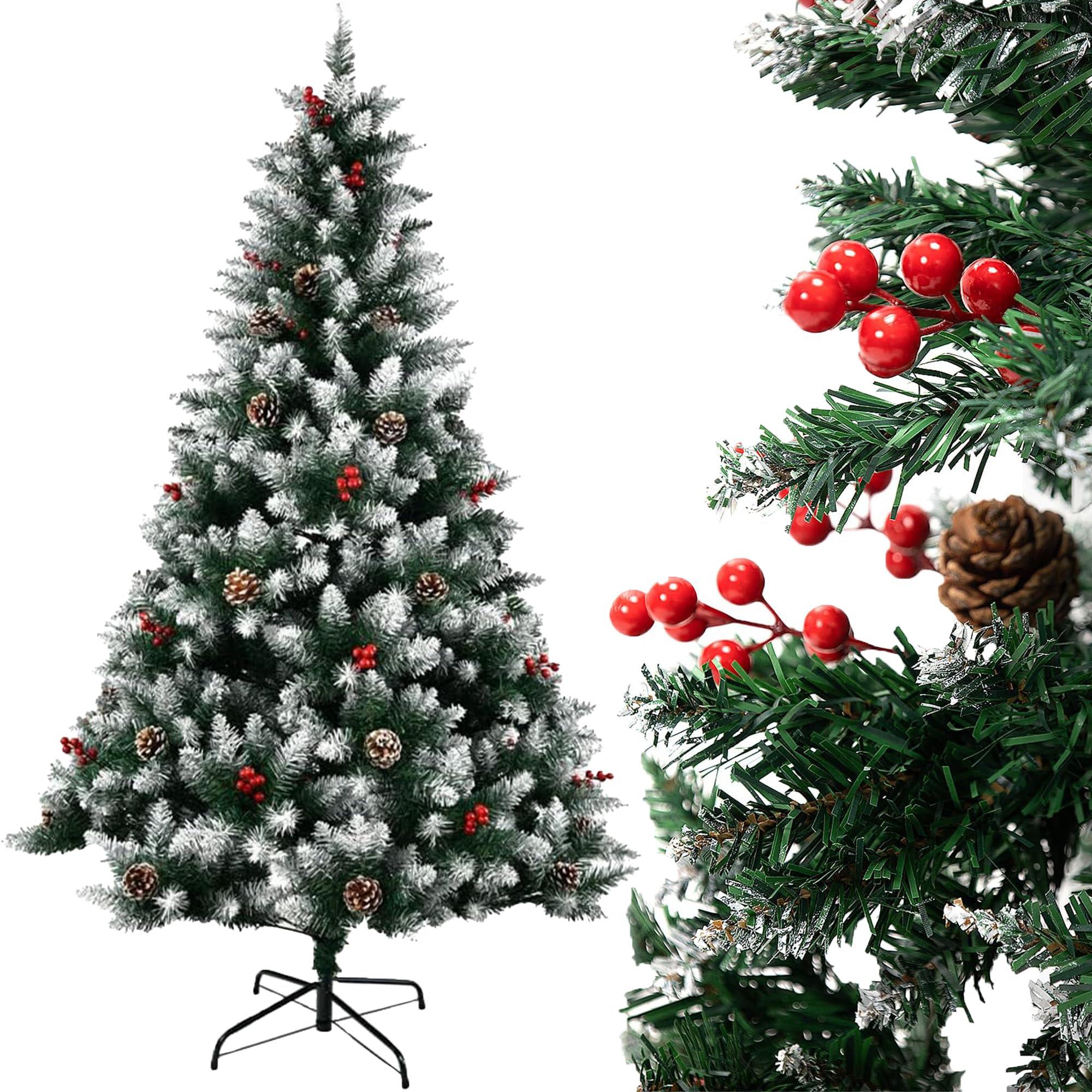 Carnavalife Arbol de Navidad Plegable con Decoracion Piña Frutos Rojos y Nieve, Arbol Navidad Artificial Robusto con Pie Metal Fácil Montaje para Exterior e Interior (Arbol con Fruto, 120CM)