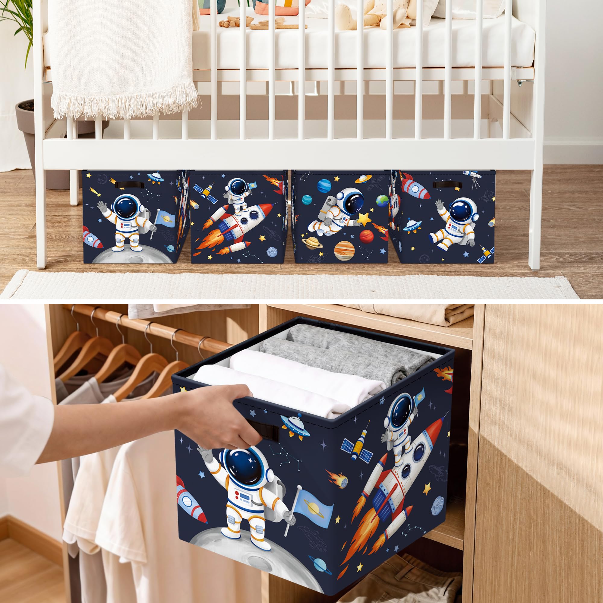 HUUMONSS 11.8" Outer Space Storage Cube Organizer Set 3Pcs Clothes Storage Basket Bin for Home Astronaut Rocket Kid Book Toy Chest Blue - Image 4