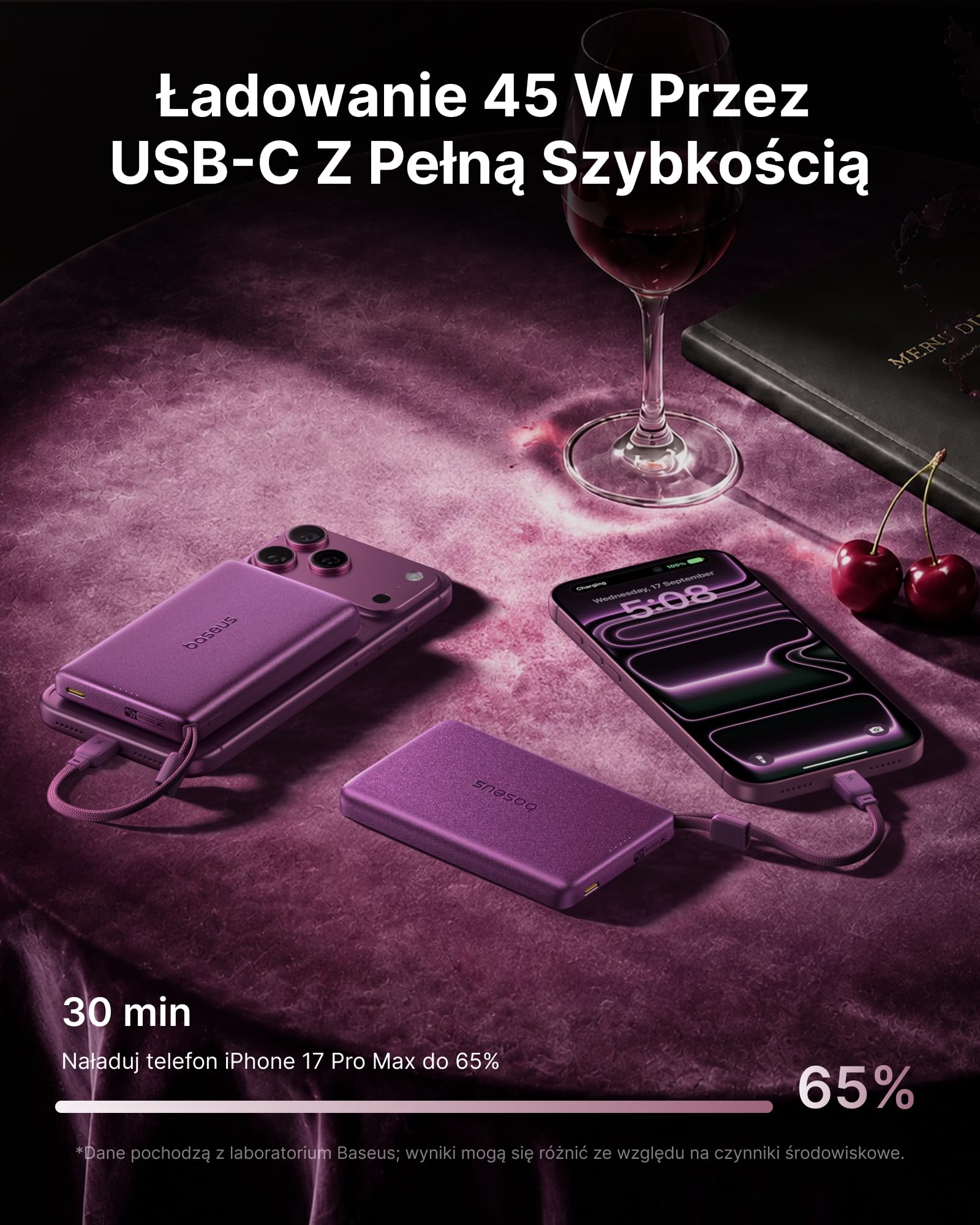 Baseus Picogo AM52 Power Bank, Qi2.2 Magsafe Powerbank 10 000 mAh, bezprzewodowy 25 W, szybkie ładowanie PD 45 W, wbudowany kabel USB C, magnetyczna bateria zewnętrzna do iPhone 18/17/16/15/14/13