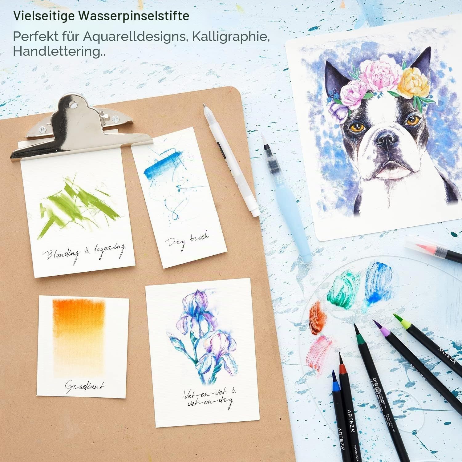 Arteza Wassertankpinsel 4er Set, Wasserpinsel selbstbefeuchtend und tragbar, Aquarellpinsel mit Wassertank und verschiedenen Aufsätzen