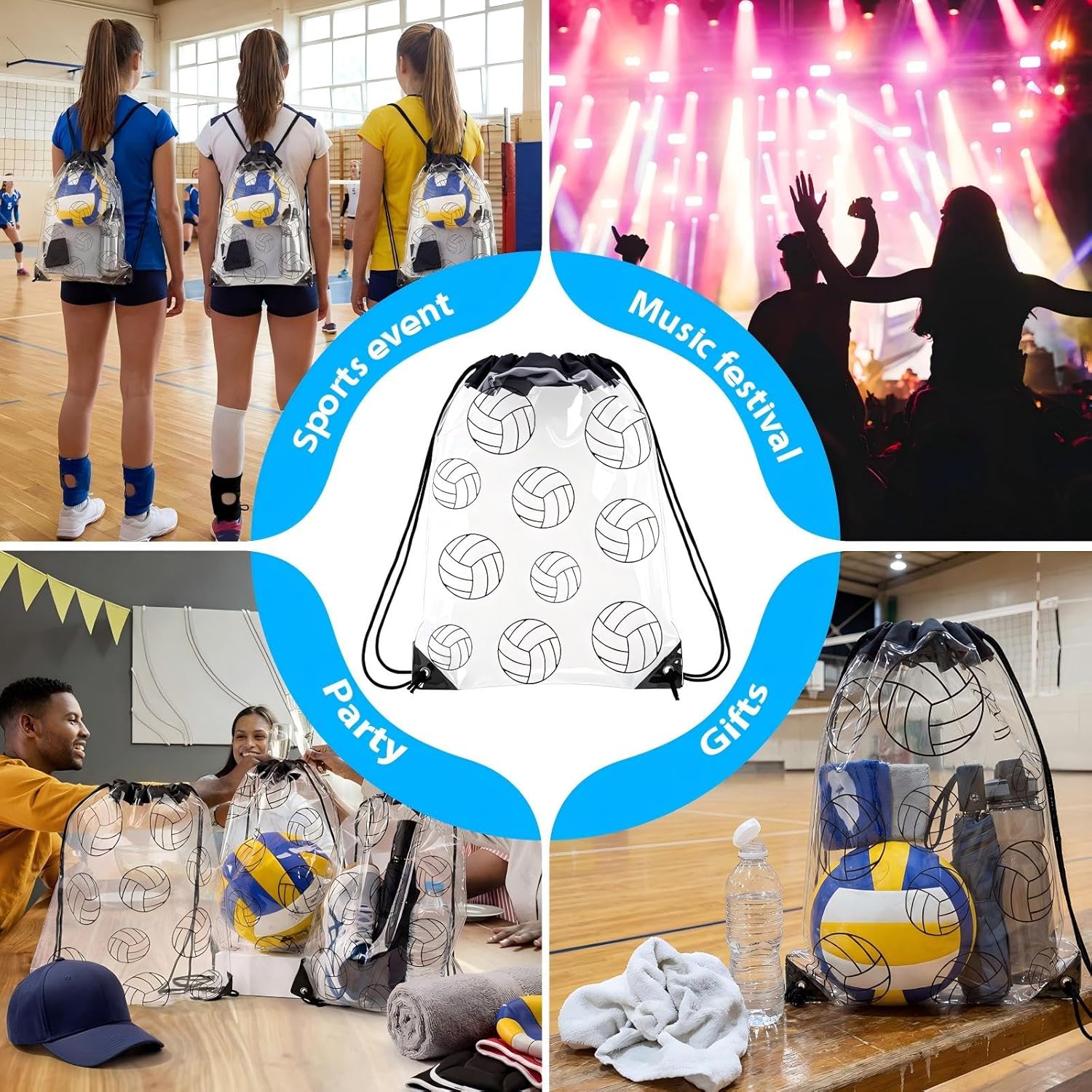 Cholemy 12 Pcs Clear Drawstring Bags 17 x 13 Inch Waterproof Plastic Sports Gift Goodie Bags for Sports Gym Events Stadium (Volleyball Style)
