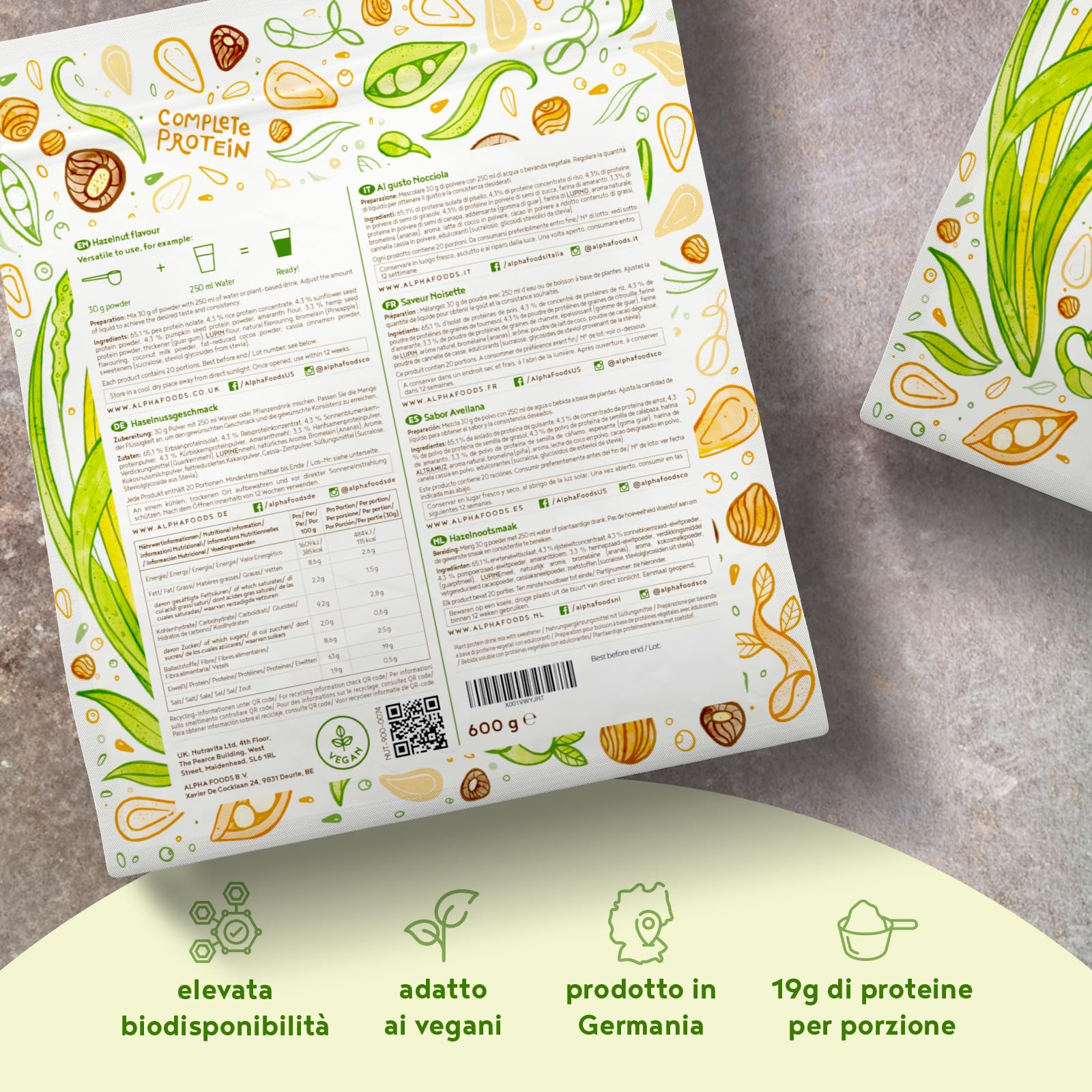 Proteine in Polvere Vegane | Gusto Nocciola | 19g Proteine Vegetali Isolate di Pisello, Riso e Girasole | Massa Muscolare | 600g Vegan Protein Powder | Alpha Foods