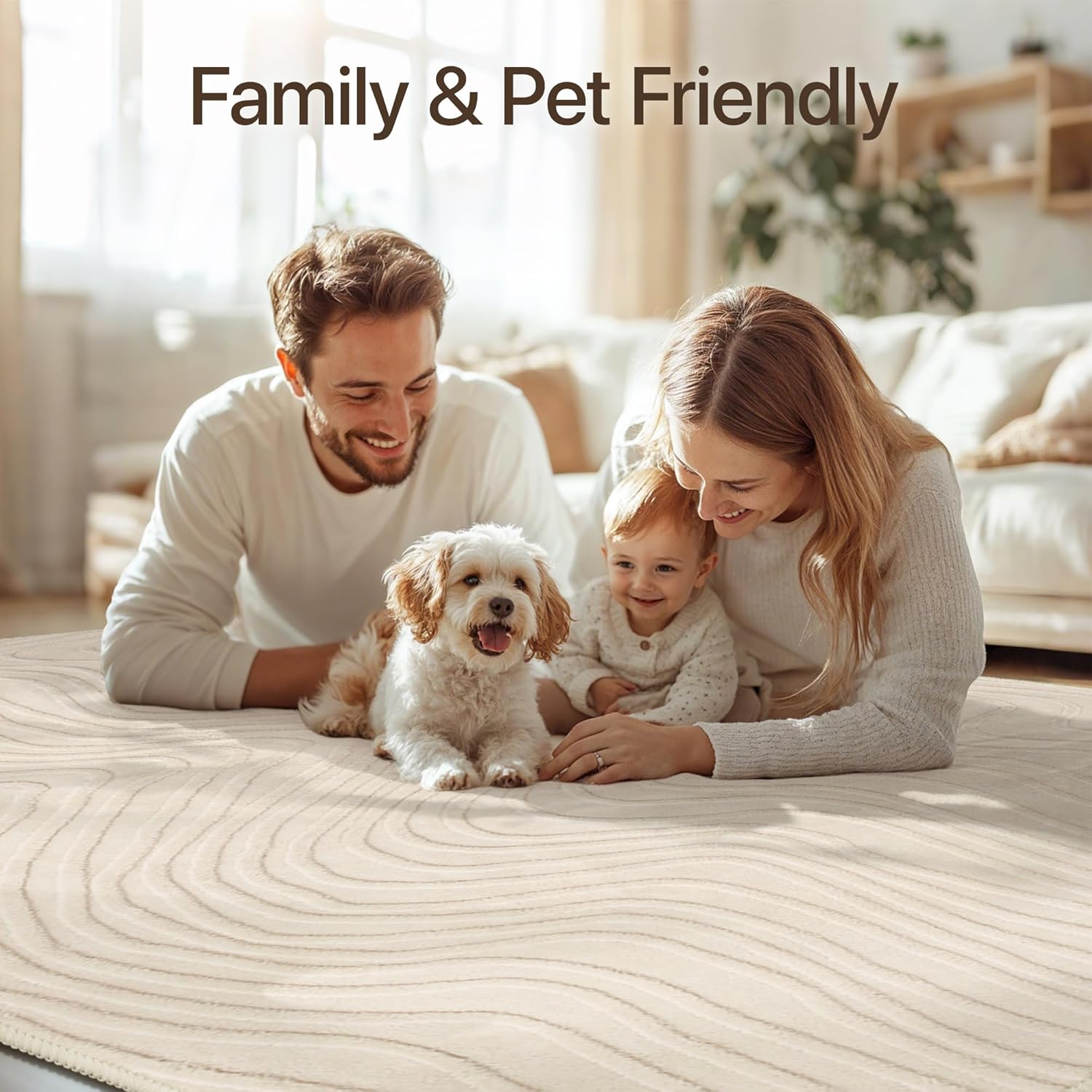 GENIMO Soft Washable Area Rugs 5x7, 3D Modern Wave Textured Rugs for Living Room, High-Low Pile Non Slip Fuzzy Carpet, Non-Shedding Stain Resistant Thin Beige Rugs for Bedroom, Dining Room, Nursery