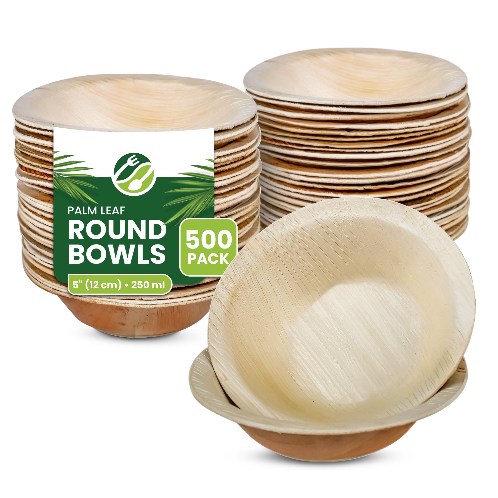 ECO Leaf 500 Disposable Palm Leaf Bowls |5”(12cm) Round Compostable Dinner Bowls | Eco-Friendly, Biodegradable Heavy-Duty Bowl for Wedding, Party and Picnic | Microwave & Oven Safe, Pack of 500 — image 1
