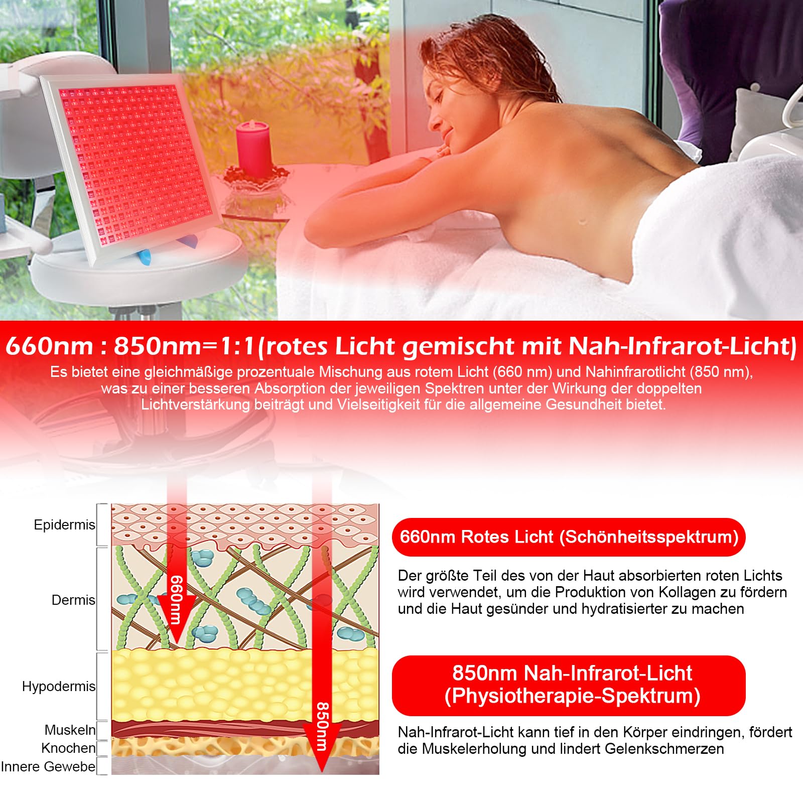 Dispositivo de terapia de luz roja para cuerpo, 150 W, lámpara de luz infrarroja cercana, 660 nm 850 nm, con 289 ledes de alto rendimiento para la recuperación, mejora el sueño, alivio del dolor
