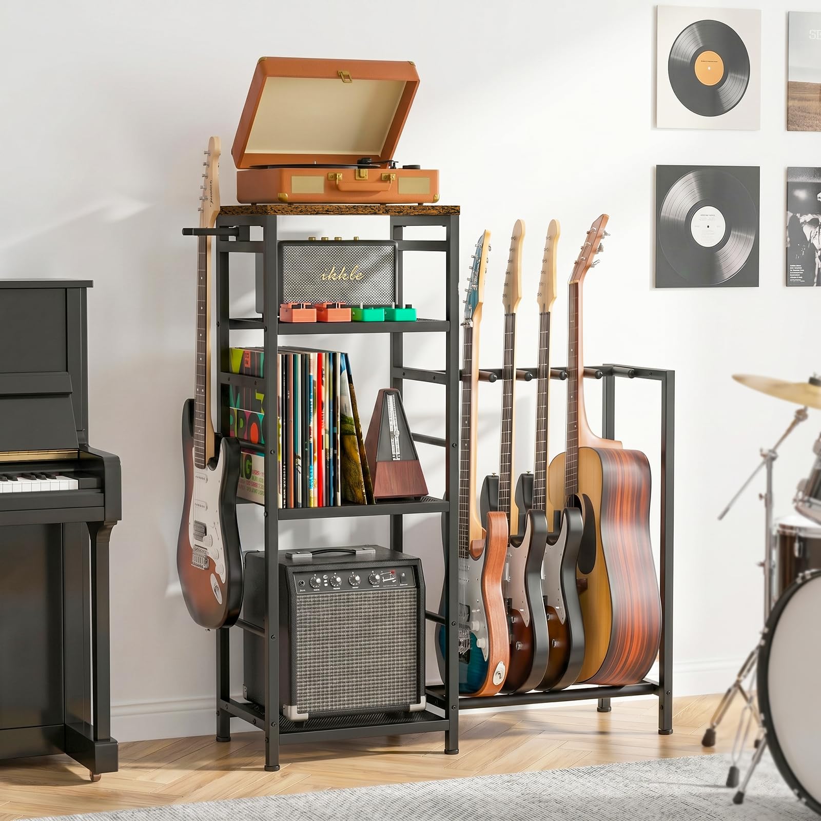 ikkle Soporte para múltiples guitarras con compartimentos de almacenamiento | Soporte de guitarra con soporte para discos, tocadiscos y amplificador, almacenamiento de guitarra para estudio en casa