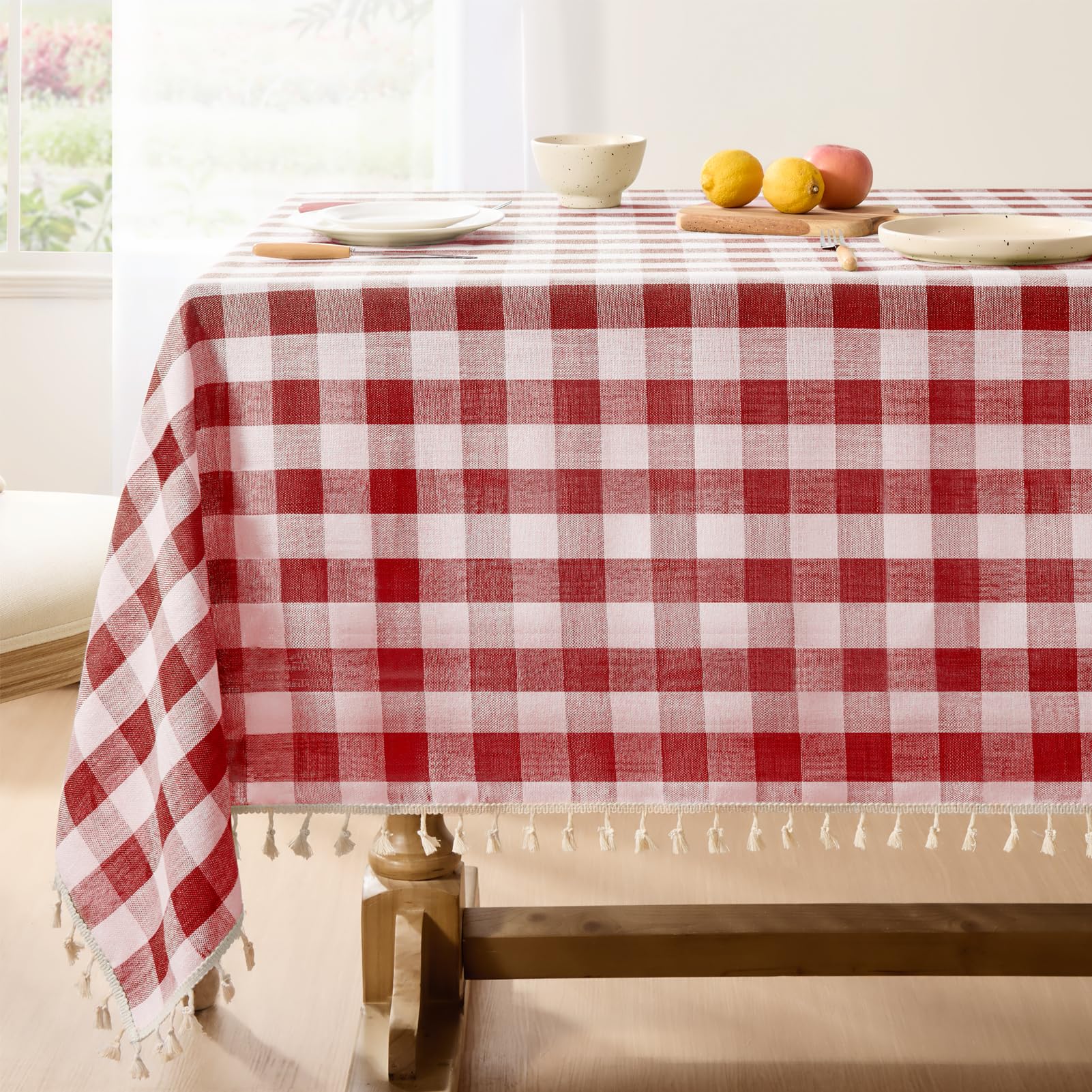 Softalker Red Gingham Table Cloth Checkered Tablecloth Rectangle 140x 200 cm Outdoor Linen Cotton Table Cloth with Tassel,Wrinkle Free Washable Plaid Table Cover for Kitchen Dining Summer Party Picnic