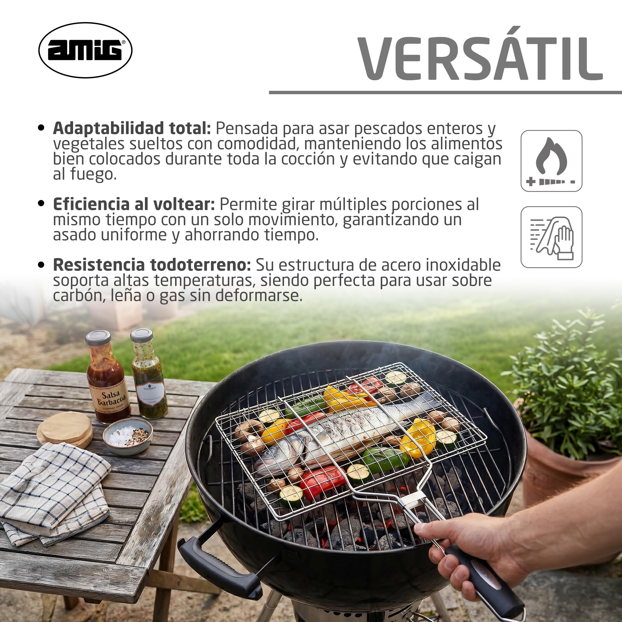 Amig - Griglia Doppia per Barbecue - 50 x 32 cm - Acciaio Inossidabile - Griglia BBQ per Carne e Verdure - MOD. AM34