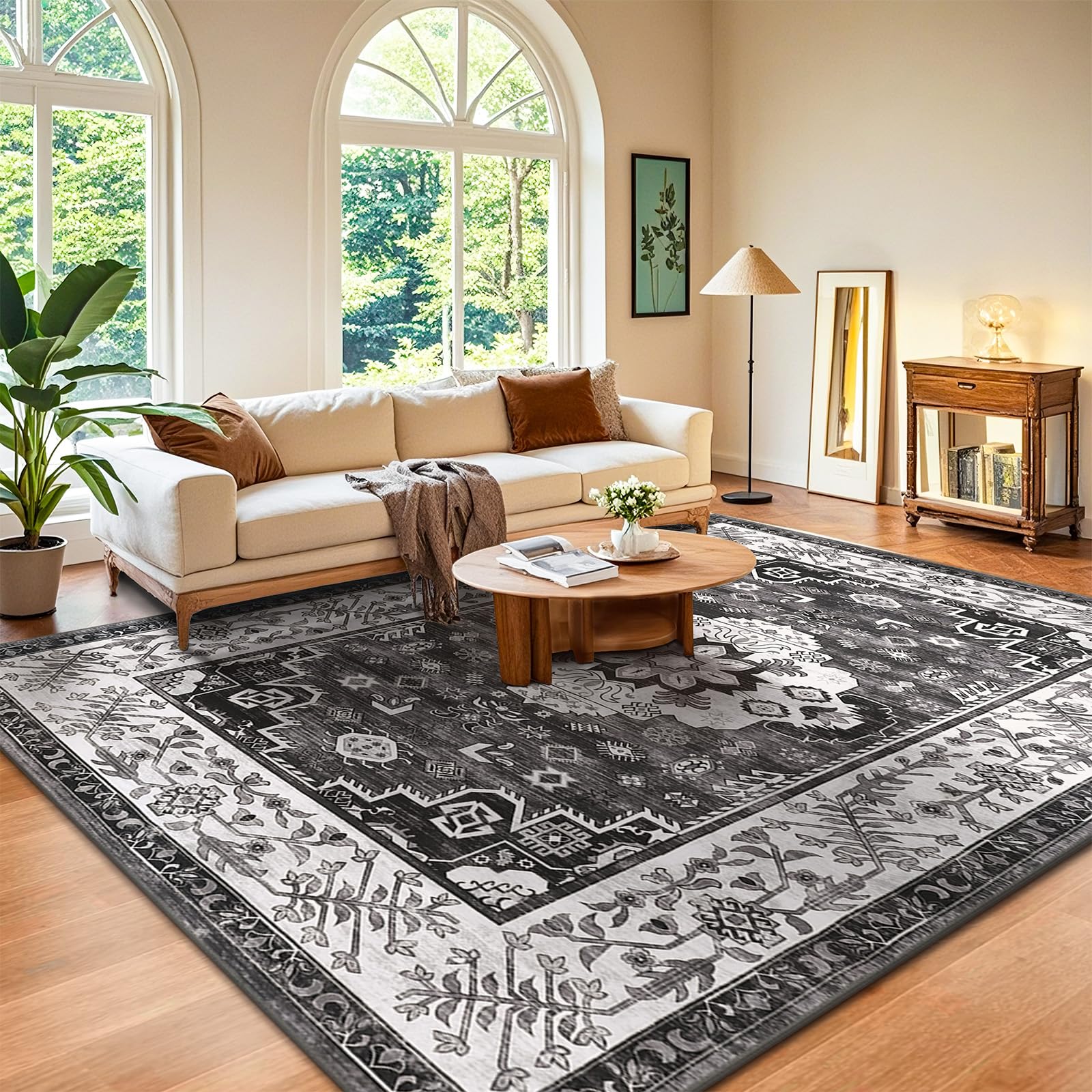 Enyhom Boho Großer Teppich, 160 x 230cm rutschfest Waschbar Bodenteppich Vintage Hochwertiger Weich Wohnzimmerteppich Robuste Kurzflor Flächenteppiche für Schlafzimmer Küche Esszimmer, Dunkelgrau