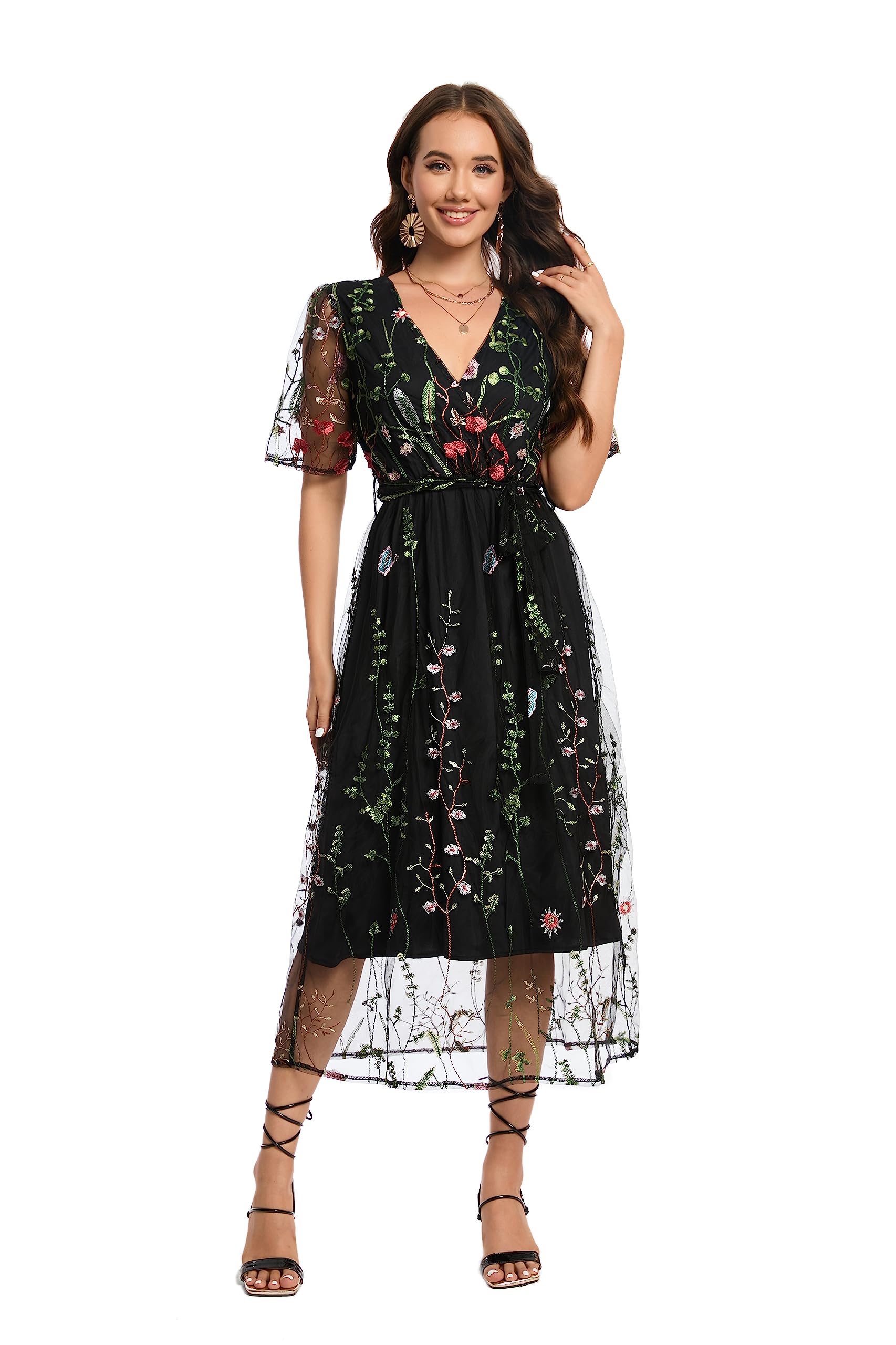 BaronHongWomen's Floral Embroidered Tulle Prom Half-Sleeve V Neck Midi Dress with Waist Strap