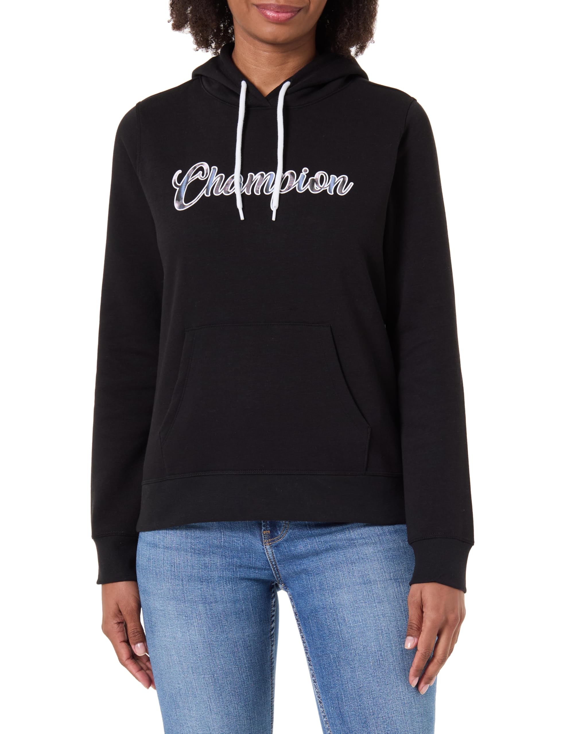 Champion Women's Black Fleece Hoodie, Rib Cuff And Hem, Front Kangaroo Pocket, Hood With Adjustable Drawcords, Graphic Logo