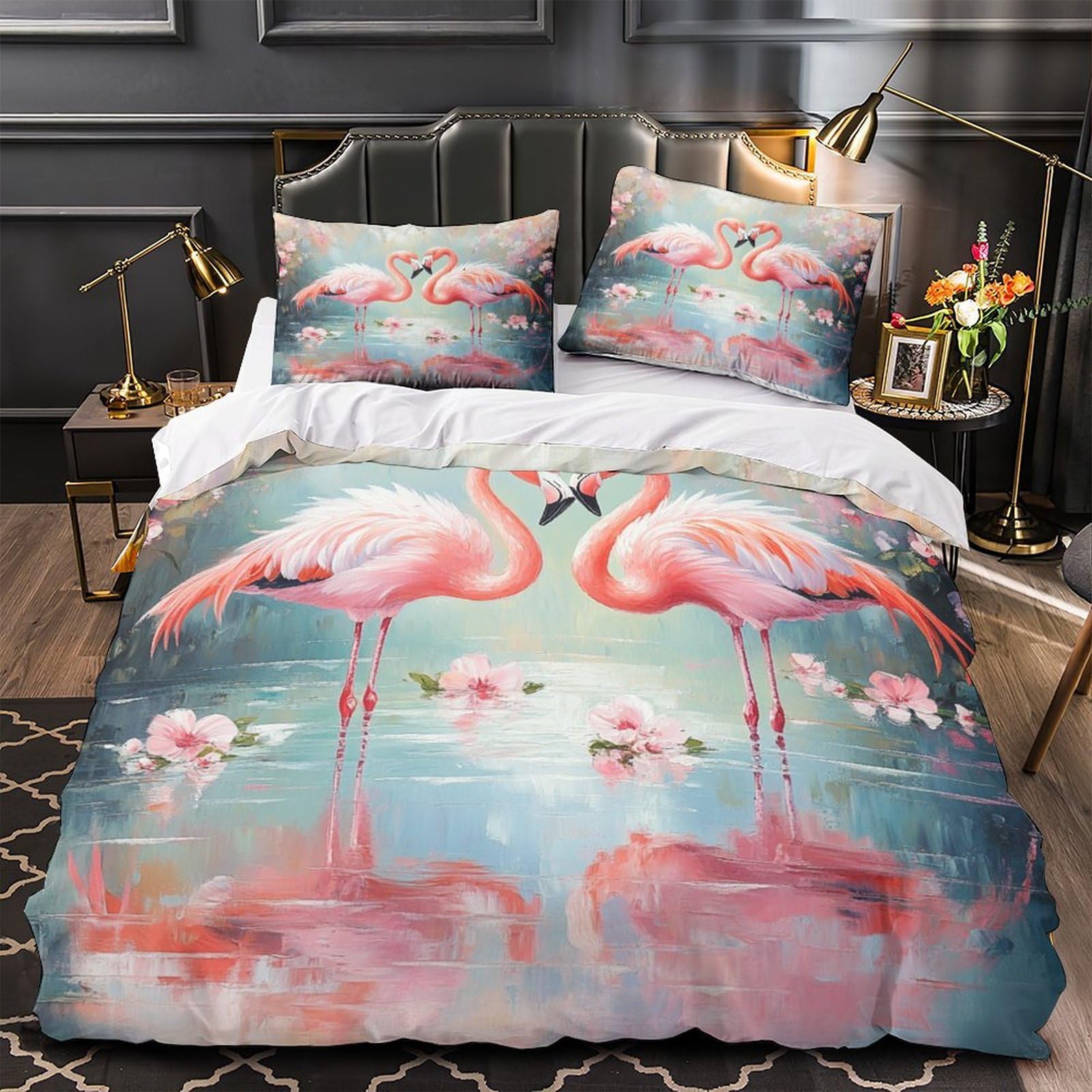 Flamingo-Pärchen 3D-Bedruckt 3er-Set Bettbezug Romantischer Aquarellstil Bettdeckenbezug Mikrofaser Hypoallergen Reißverschluss für Kleinkinder Jugendliche Frauen Super King（260x220cm）