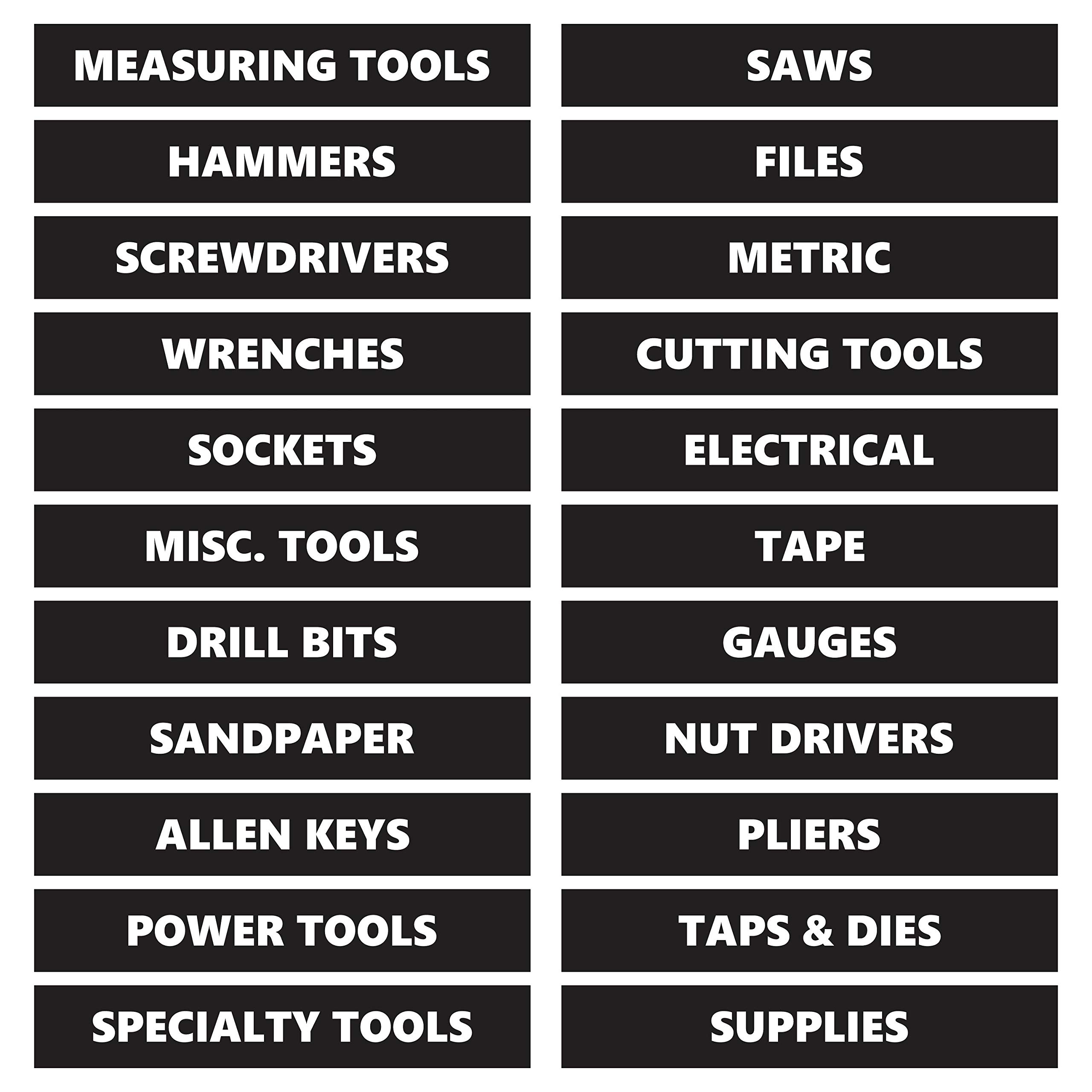 Toolbox Magnetic Labels – Black | 0.75”H x 4.5”W Size | 22-Piece Basic Set by DCM Solutions | Tool Drawer Organizer | Bold, Easy-to-Read | Strong Hold