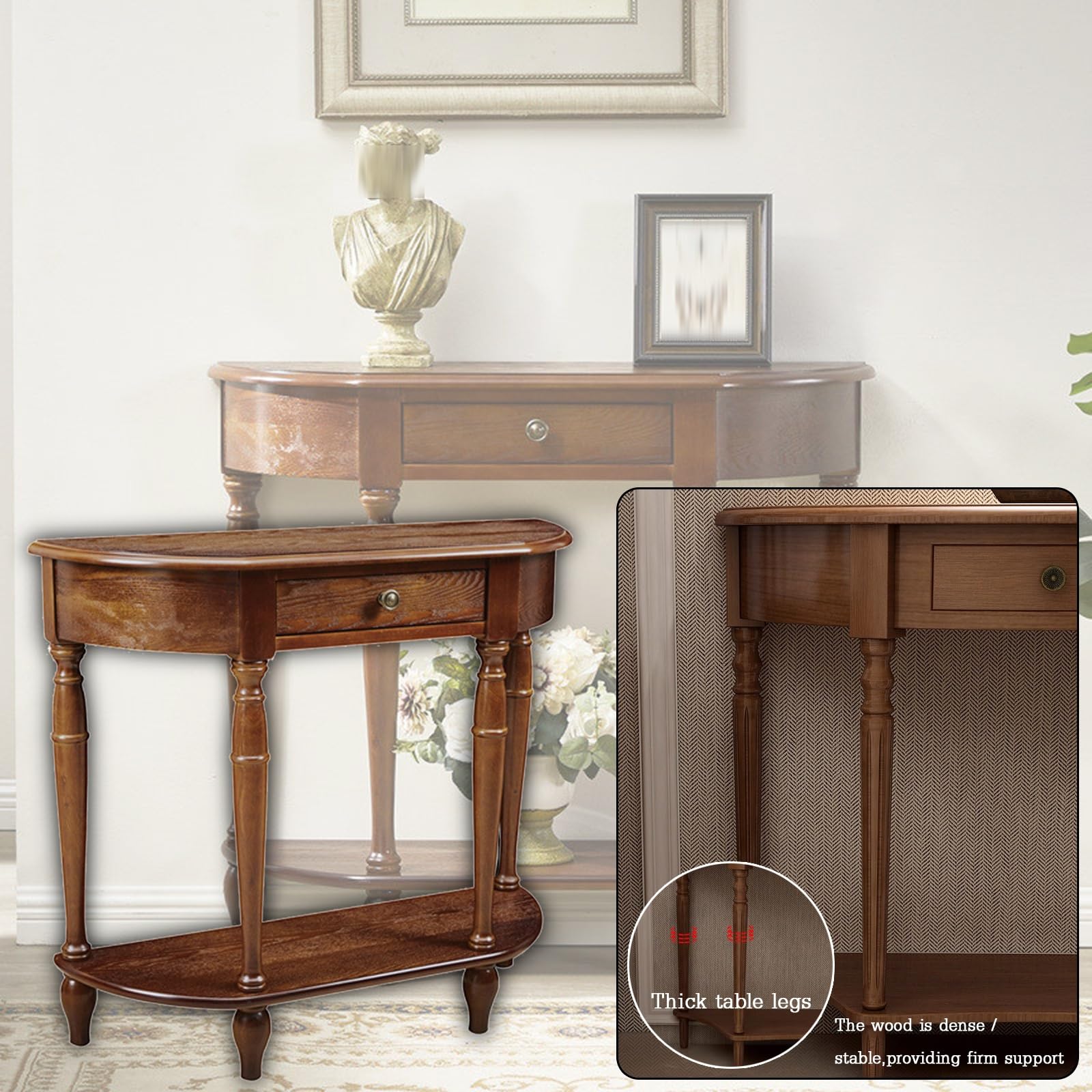 Consolle a mezzaluna con cassetto e mensola, in legno massiccio, stile vintage, per soggiorno, ingresso