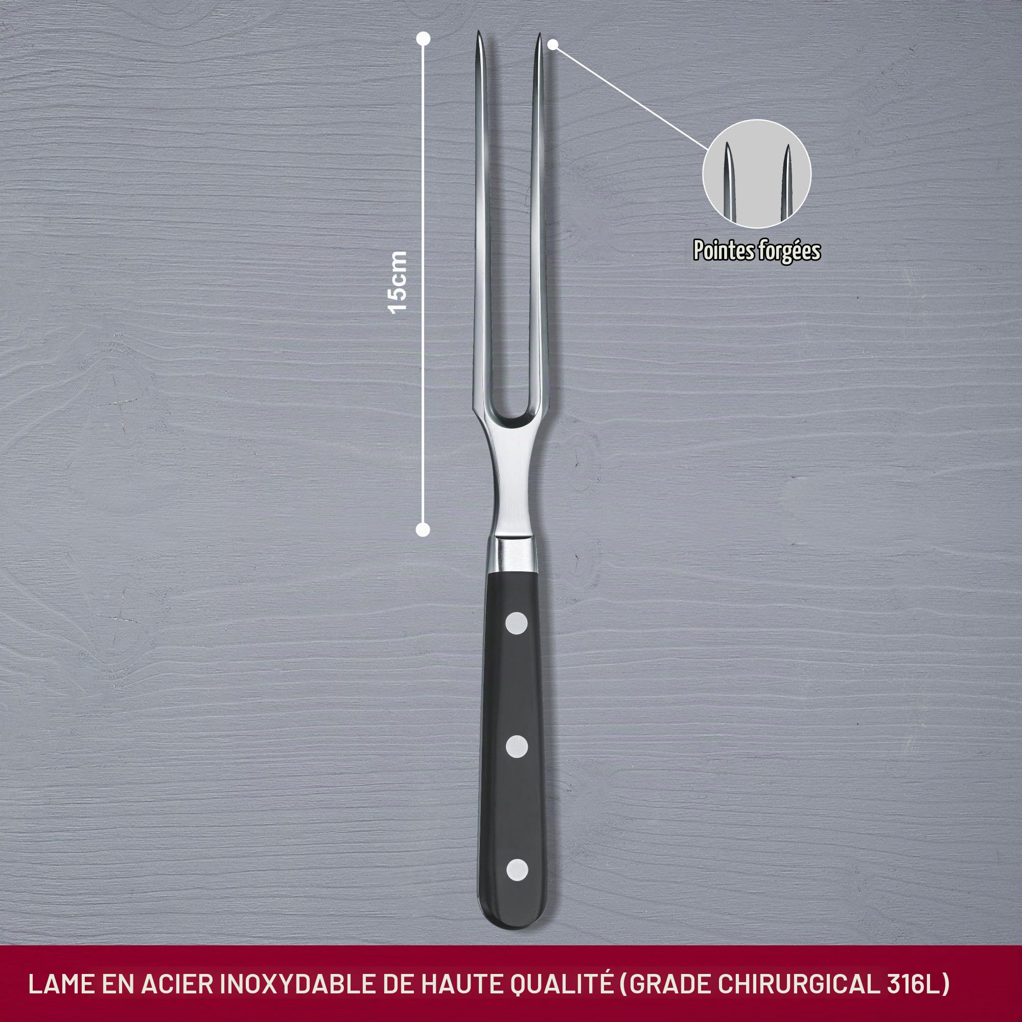 Victorinox Grand Maître, Fourchette à découper professionnelle, Lame extra-tranchante, 15 cm, Manche plastique robuste, Acier inoxydable, noir