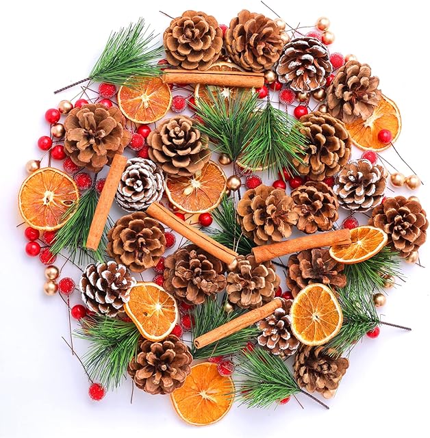Christmas Wreath Making Supplies, Cinnamon Sticks, Dried Orange Slices, Artificial Pine Branches and Artificial Berries for Christmas Wreath Decoration, Natural Scent Diffuser
