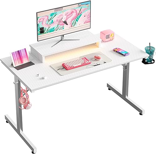 Miniatura 56 de Bestier Escritorio para juegos de 42 pulgadas con luces LED, mesa de juegos para computadora pequeña con estante para monitor, escritorio para Fibra