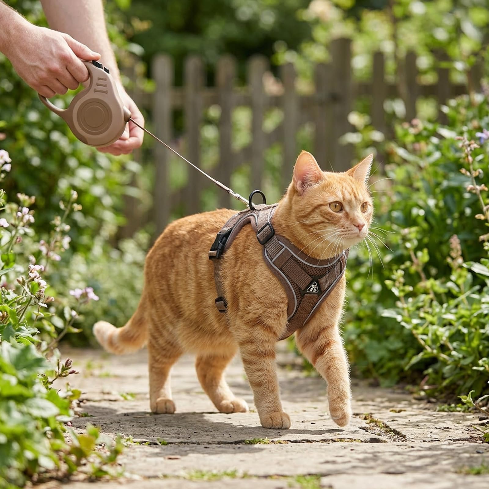 2er Set Katzengeschirr mit Leine Ausbruchsicher, Katzengeschirr mit Leine für sichere Nachtspaziergänge, Braunes Katzengeschirr Set mit Verstellbarer Katzenleine
