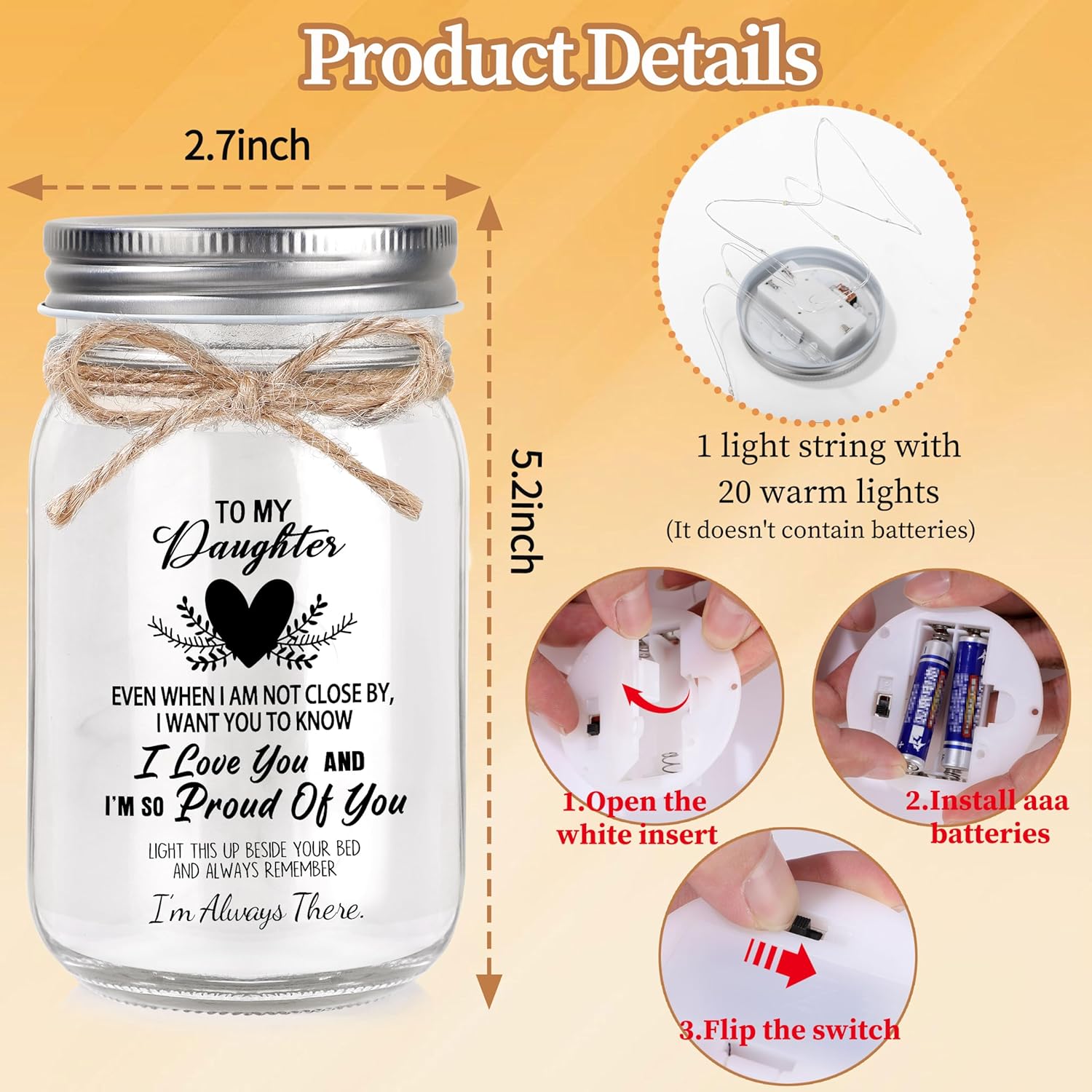 Gift for Daughter, Daughter Birthday Gifts from Mom Dad, Mother Daughters Gift, Daughters Gifts Mother's Day Graduation Decorative Jar Light Night - Image 5