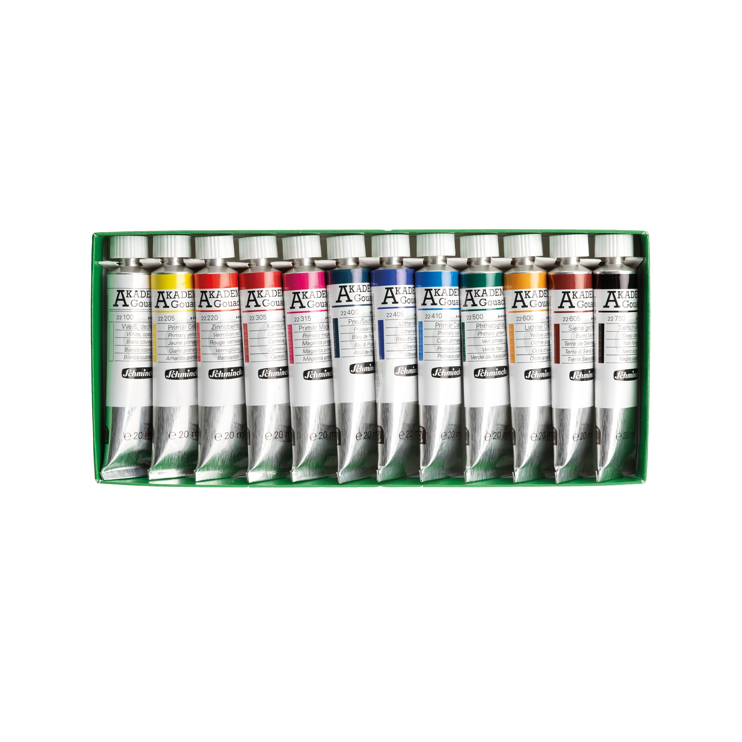 Schmincke Akademie Lot de 12 tubes de peinture Gouache en carton avec 12 tubes de 20 ml chacun, assortiment de base, peinture gouache fine, veloutée opaque, 72730097