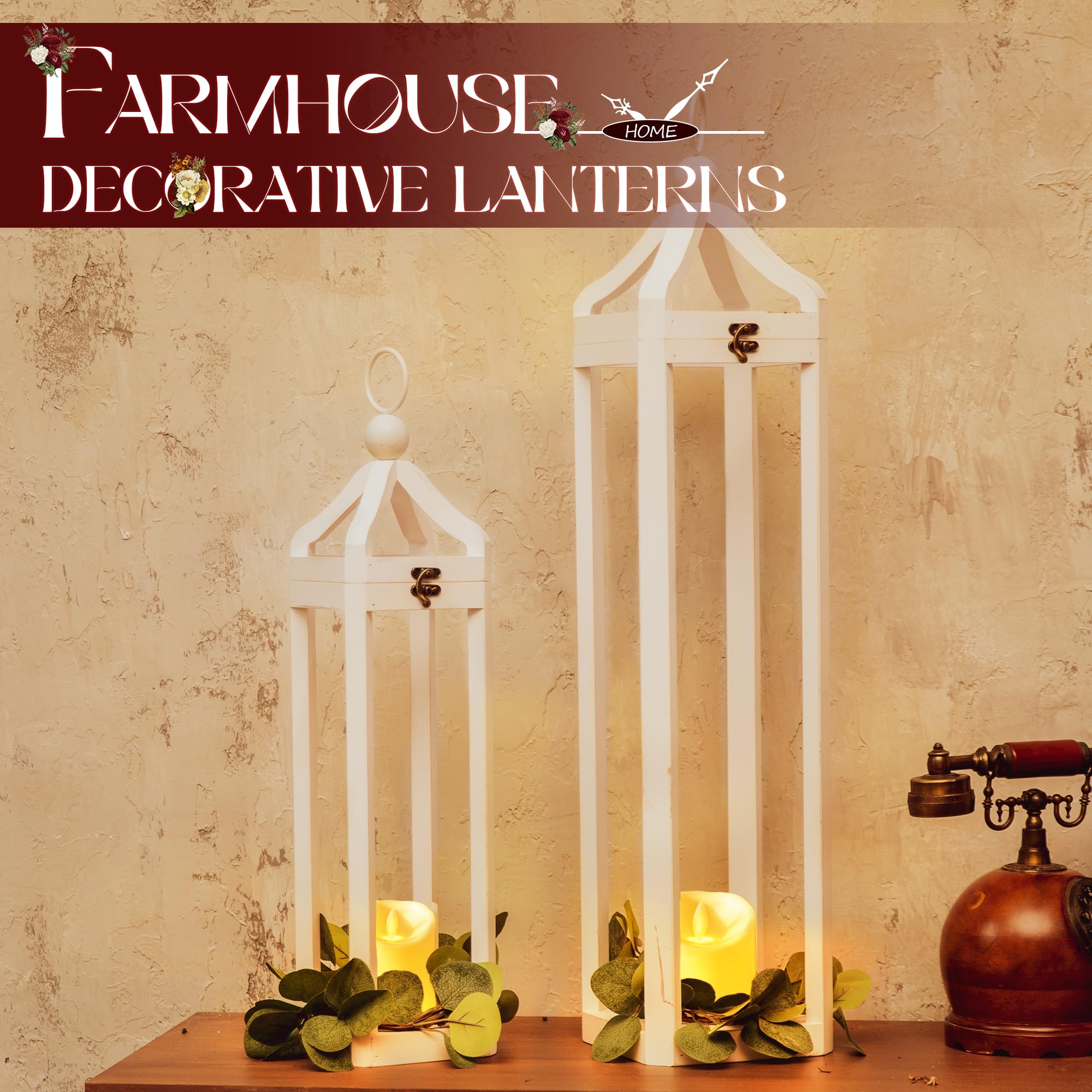 Set Di 2 Lanterne In Legno Vintage Con Luci LED – Decorazione Da Interno/esterno Alte 76 Cm – Perfette Per Camino E Centrotavola
