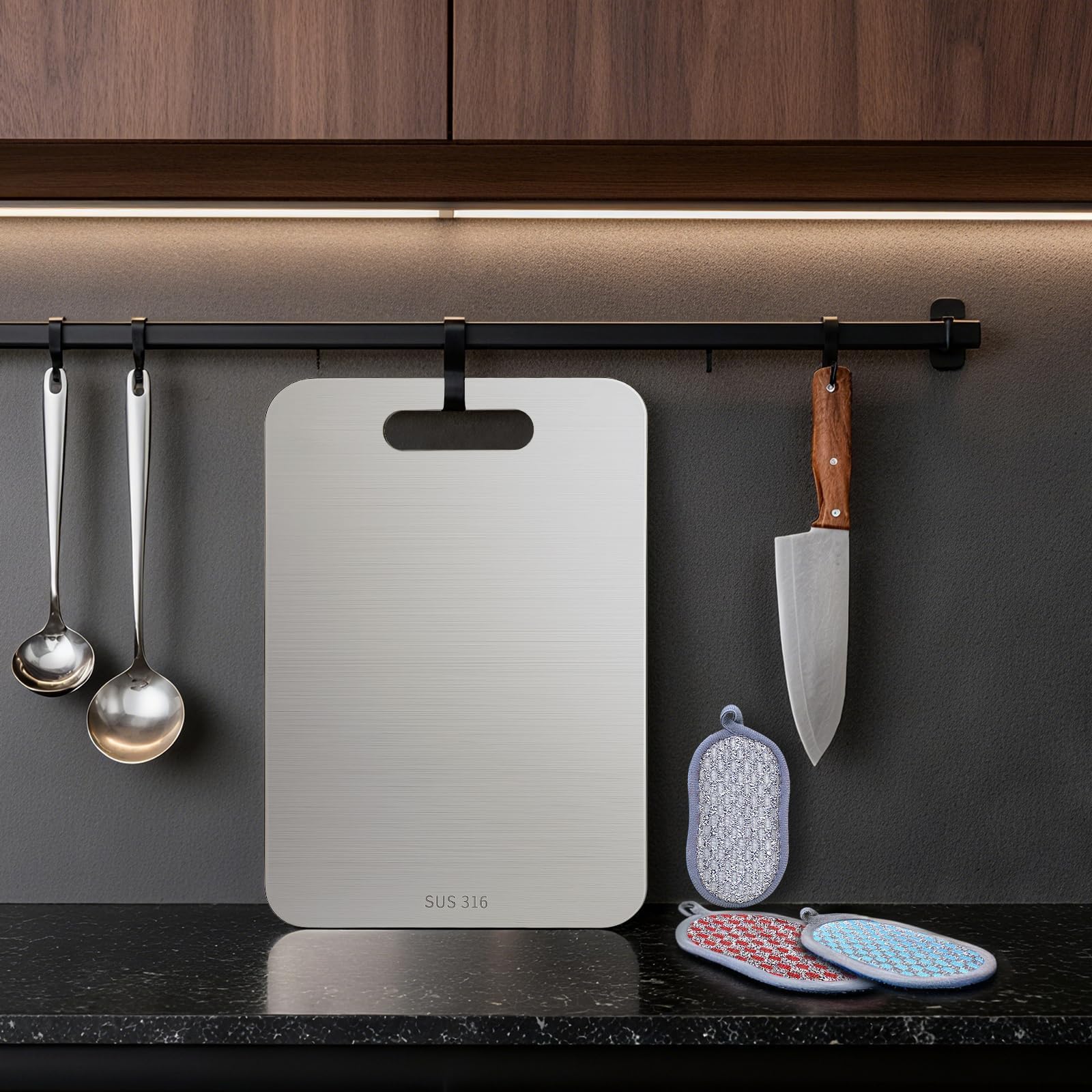 Juego de 3 tablas de cortar de titanio de acero inoxidable con esponja, sin BPA y antibacterianas, tabla de corte de titanio de doble cara para carne, verduras, pescado y pan