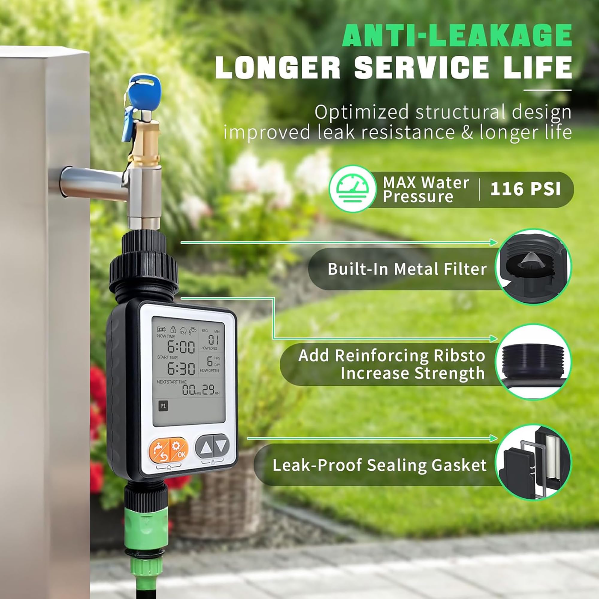 Temporizador de agua para manguera de jardín, 10 temporizadores programables con retardo automático de lluvia, IP54 resistente al agua de 3.3 pulgadas, temporizador de sistema de riego por goteo LCD