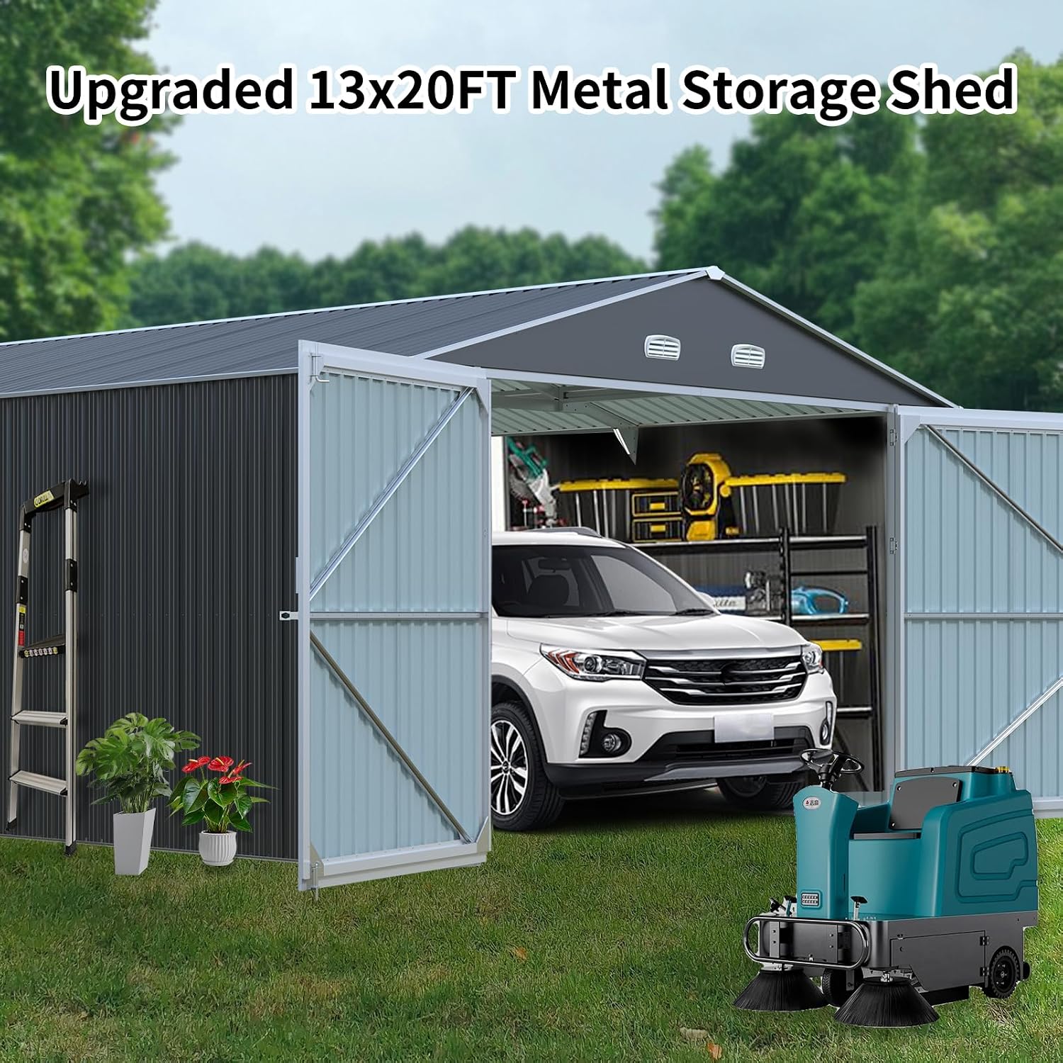 Large Metal Storage Shed, Dark Gray, 13x20 Ft, Outdoor Garage for Car, Truck, Bike Storage with Double Doors, Galvanized Steel Construction, 237x152x93 Inch