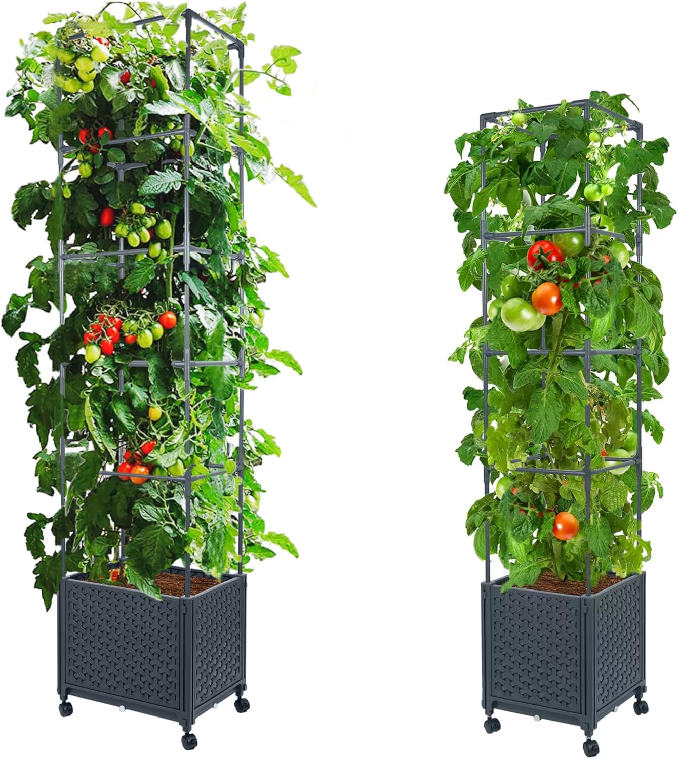 LINEX Raised Garden Bed Planter Box with Trellis, 56.7” & 67.6" Tomato Planters for Climbing Plants Vegetable Vine Flowers Outdoor Patio, Tomatoes Cage w/Self-Watering & Wheels