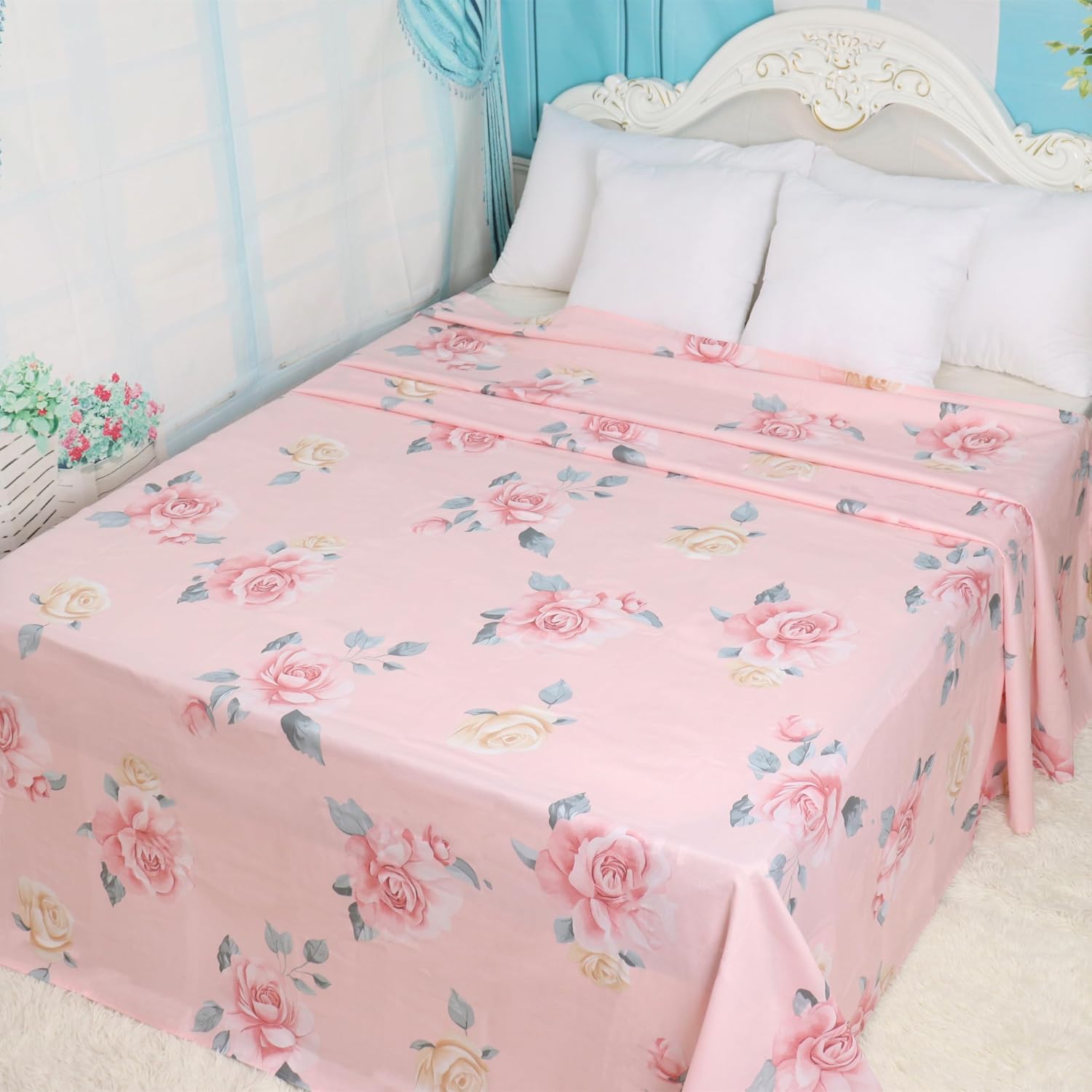 Cotton California King Flat Sheets Only Pattern Printed Bedding Sheets for Home Ultra Soft Breathable Pink Top Sheet Easy Care