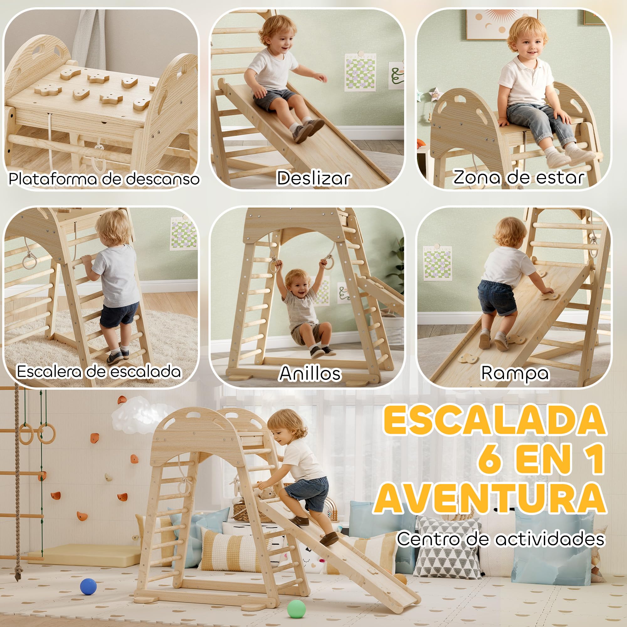 AIYAPLAY 6 en 1 Triángulo de Escalada Montessori, Estructura de Escalada de Madera con Plataforma, Anillos y Tobogán, para Deslizarse o Escalar, para Niños de 18-48 Meses, Interiores, Natural