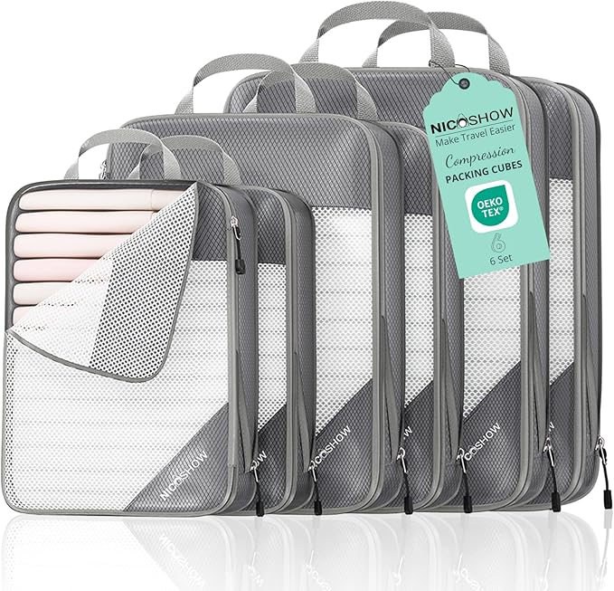 NICOSHOW 6 Set Compression Packing Cubes, Compressible Travel Packing Cubes Travel Essentials, Luggage Organizers for Carry-on Suitcase, Grey
