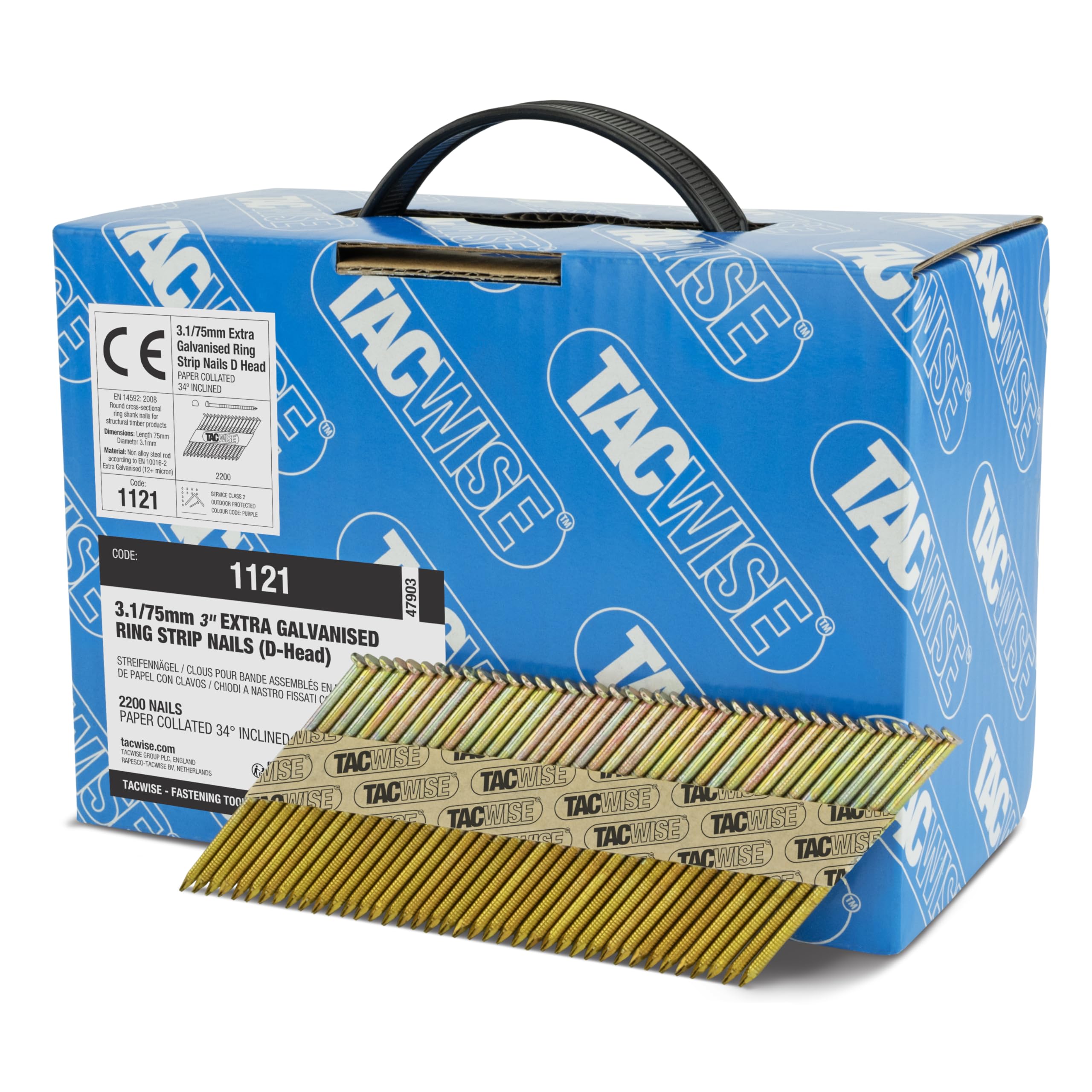 Tacwise 1121 Chiodi Inclinati a 34° 3,1 / 75 mm, Zincati Extra con Testa a ‘D’, Gambo Anellato, Fascicolati con Carta, Confezione da 2200