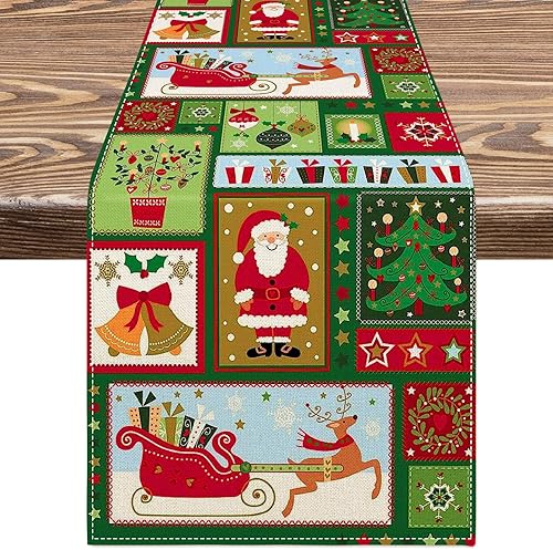 Miniatura 1 de AnyDesign - Camino de mesa navideño retro de Papá Noel, reno, decoración retro impermeable para suministros de fiesta en interiores y exteriores, 13