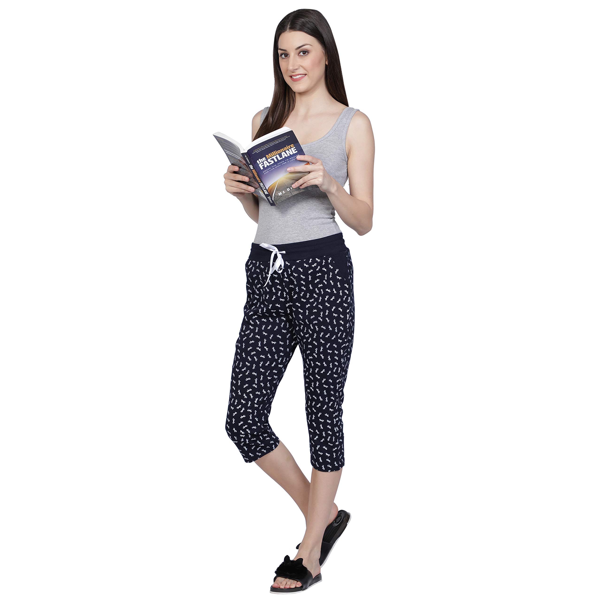 Club A9 Cotton Printed Lounge Capris for Women, Soft & Comfortable, Stylish Design, Ideal For Casual Outings | X-Large | Navy 4