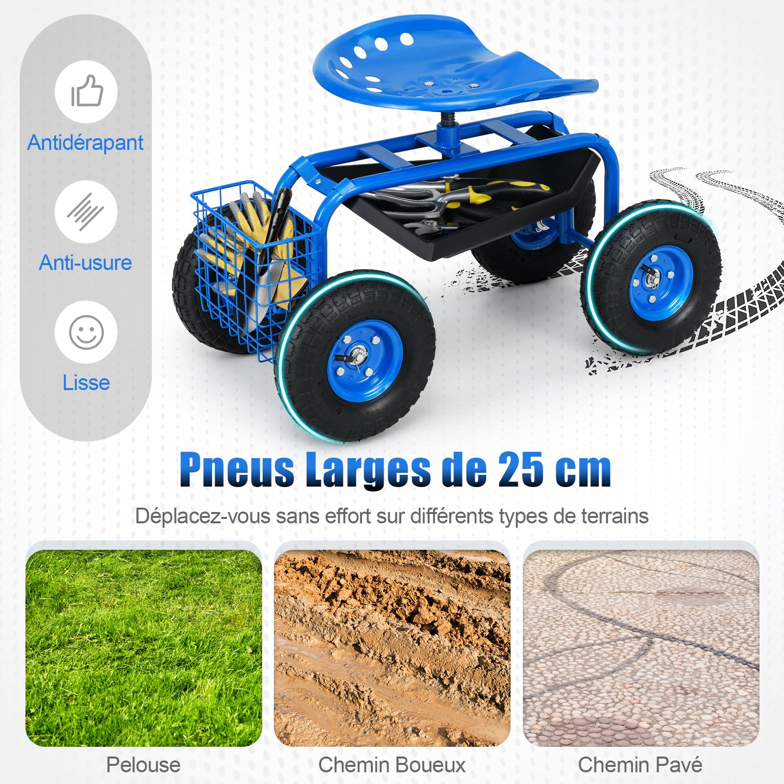 RELAX4LIFE Chariot de Jardinage Roulant, Siège Roulant avec Hauteur Réglable et Pivotant à 360°, Plateau à Outils, Panier de Rangement, Siège de Jardin avec Roues, pour Pelouse Jardin (Bleu)