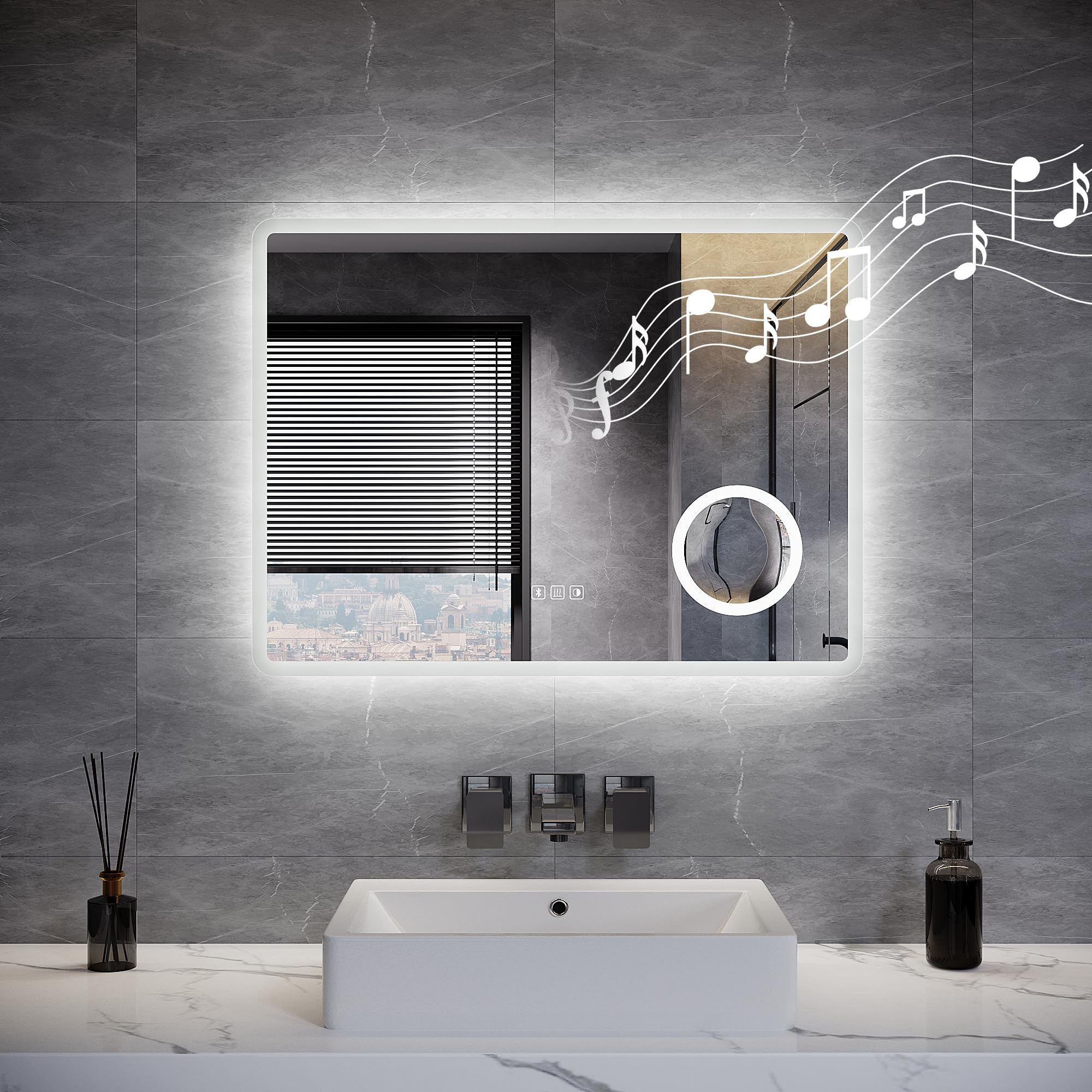 ELEGANT LED Bathroom Mirror with Shaver Socket and 3x Magnifier, Bluetooth Wall Mounted Vanity Mirror with 3 Colour Dimmable Lights, Anti-Fog, Touch Switch & Memory Function, IP44, 800 x 600 mm