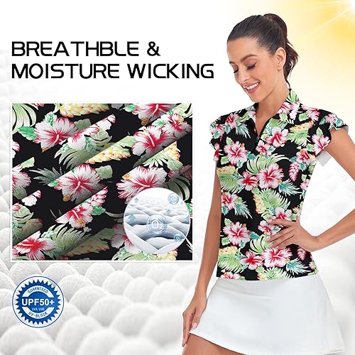 Miniatura 5 de Soneven Camisetas de golf con mangas de pétalos para mujer, que absorben la humedad, ropa de golf, camiseta deportiva de tenis