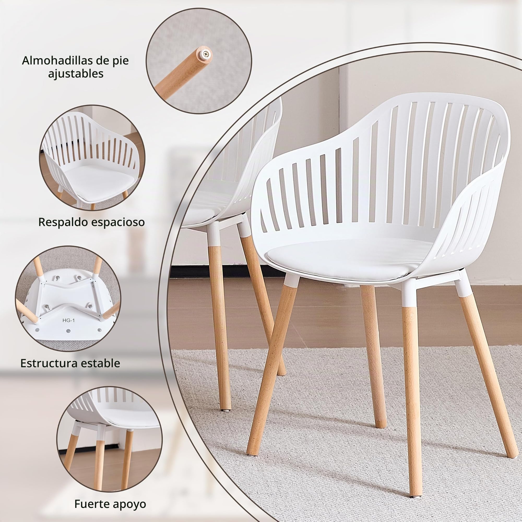 Juego de 4 Sillas de Comedor, Silla de Cocina con Cojines y Reposabrazos de Cuero, Silla con Respaldo Hueco, Adecuada para Sala de Estar, Cocina, Patio - Blanco
