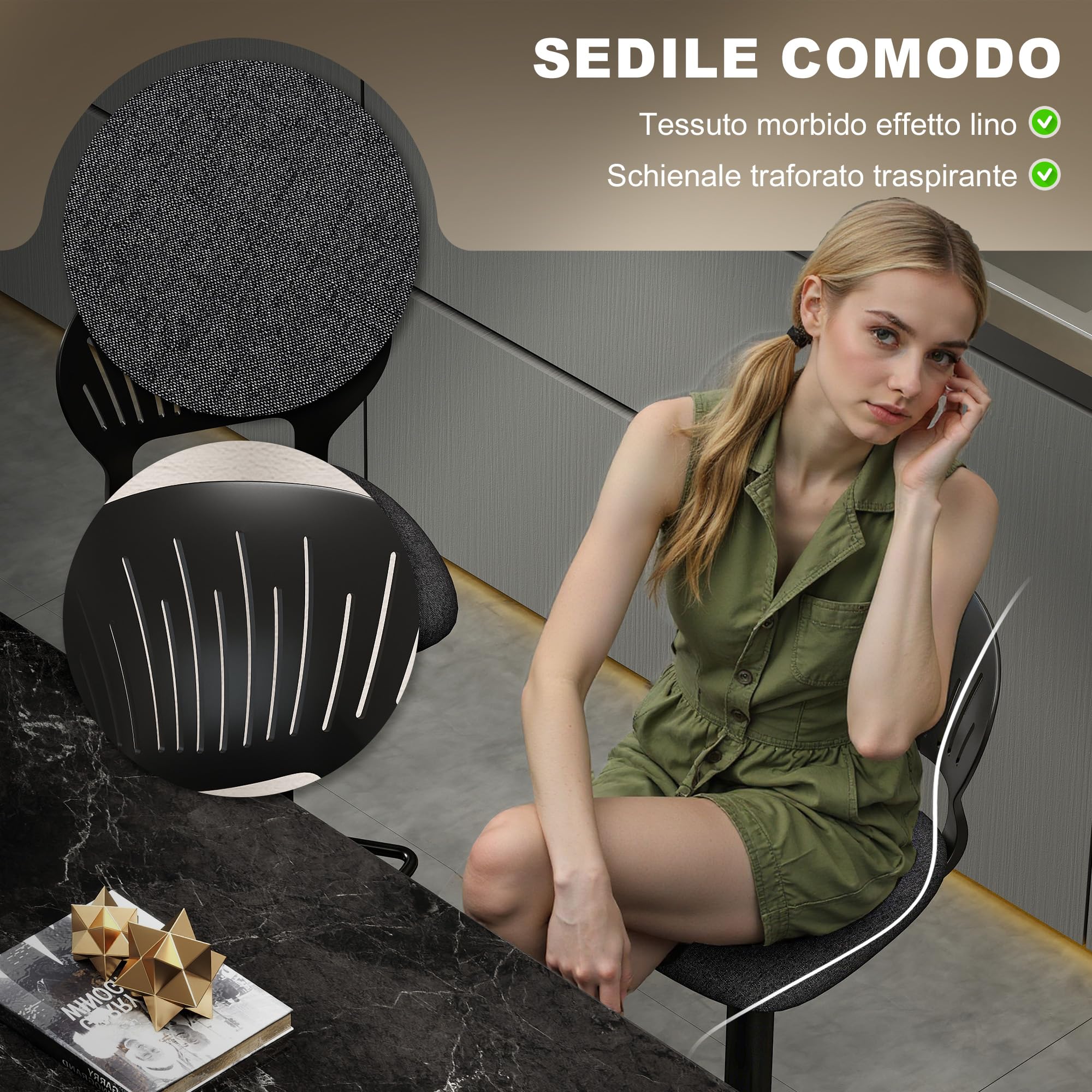 HOMCOM Lot de 2 tabourets de Bar réglables en Hauteur, tabourets de Cuisine Hauts en Tissu de Lin avec Dossier, Repose-Pieds et Assise Souple, Structure en métal, tabourets de Bar Hauts pivotant à